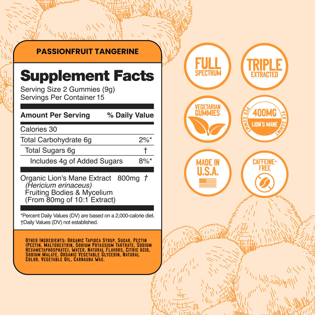 Troomy Lion's Mane Focus Gummies – 30 Count (Tangerine & Passionfruit)