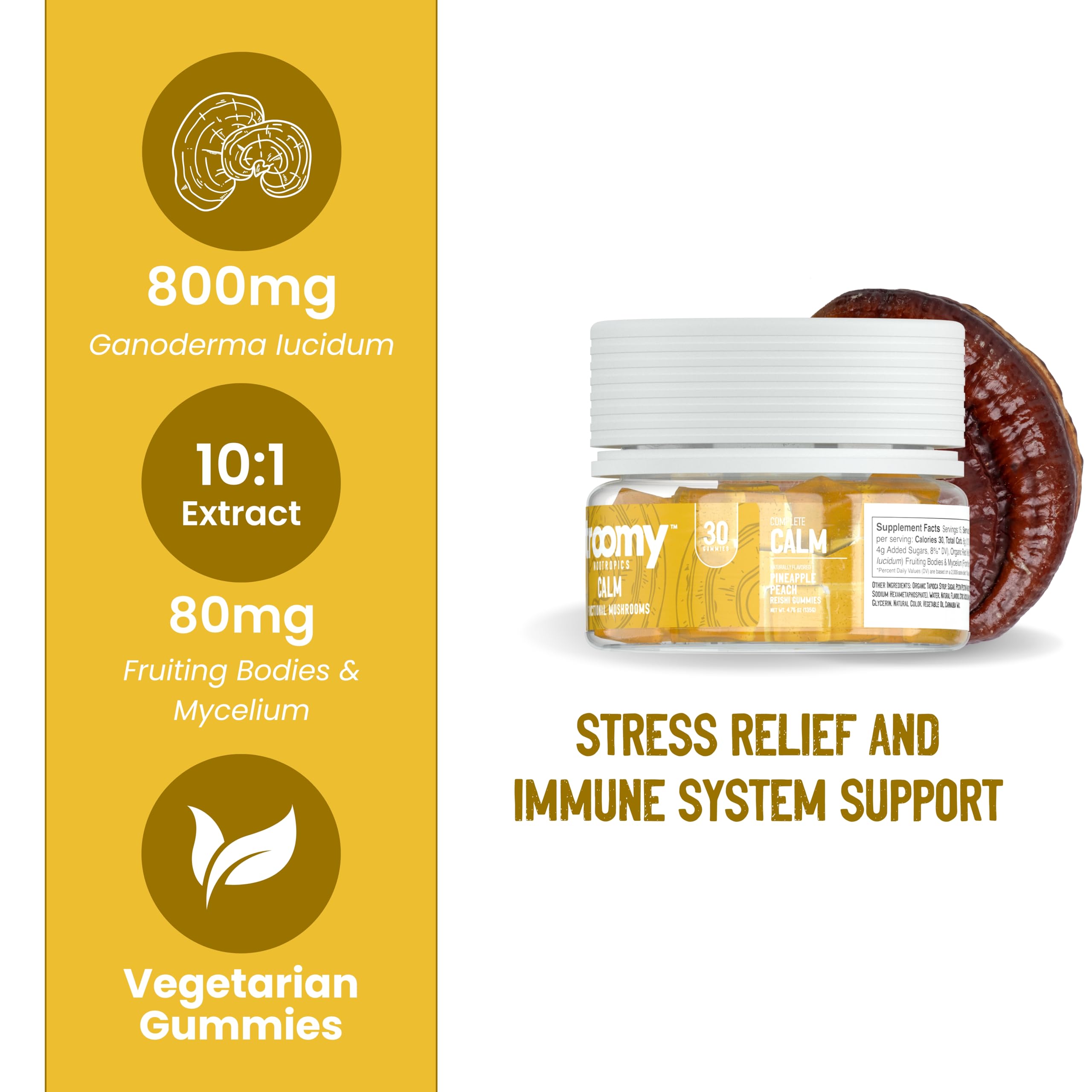Troomy Reishi Calm Gummies – Pineapple Peach Flavor, Gelatin-Free, Gluten-Free, Vegetarian | 30 Count