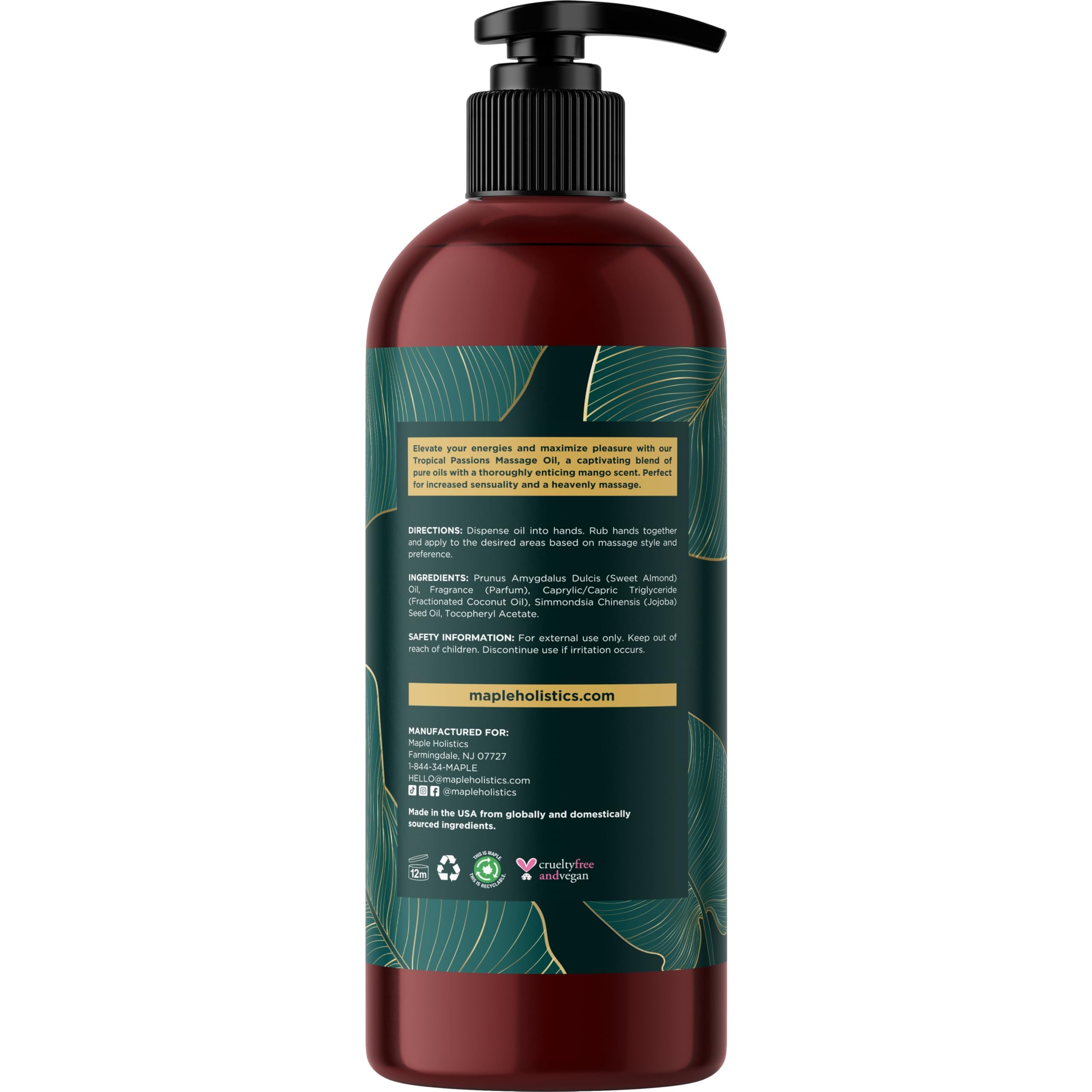 Tropical Massage Oil for Couples – Mango Scent, Coconut & Almond – 16 Fl Oz | Vegan, Gluten Free, Non-GMO