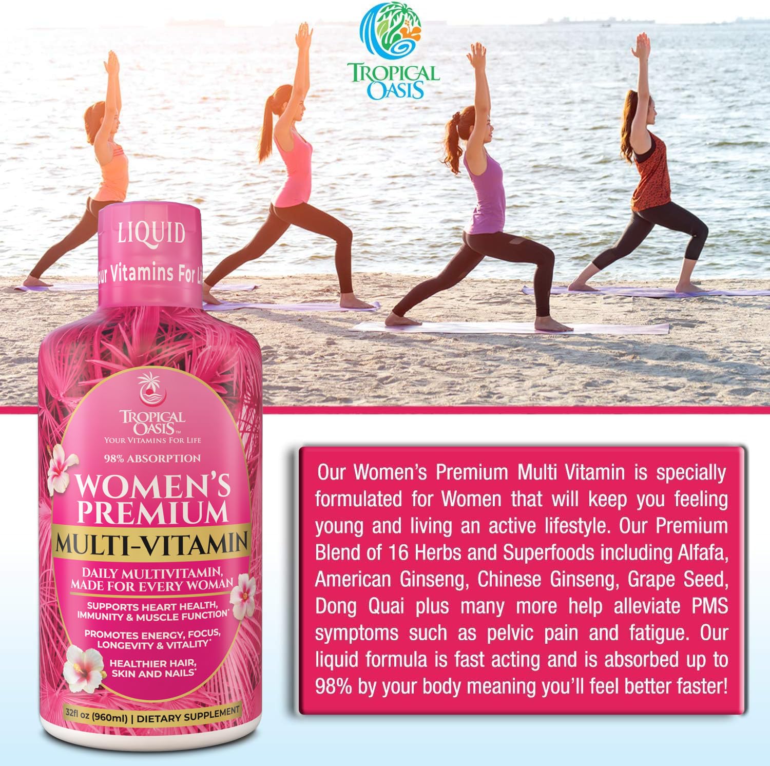 Tropical Oasis Premium Liquid Multivitamin for Women – Sugar Free, 98% Absorption, 32 Servings