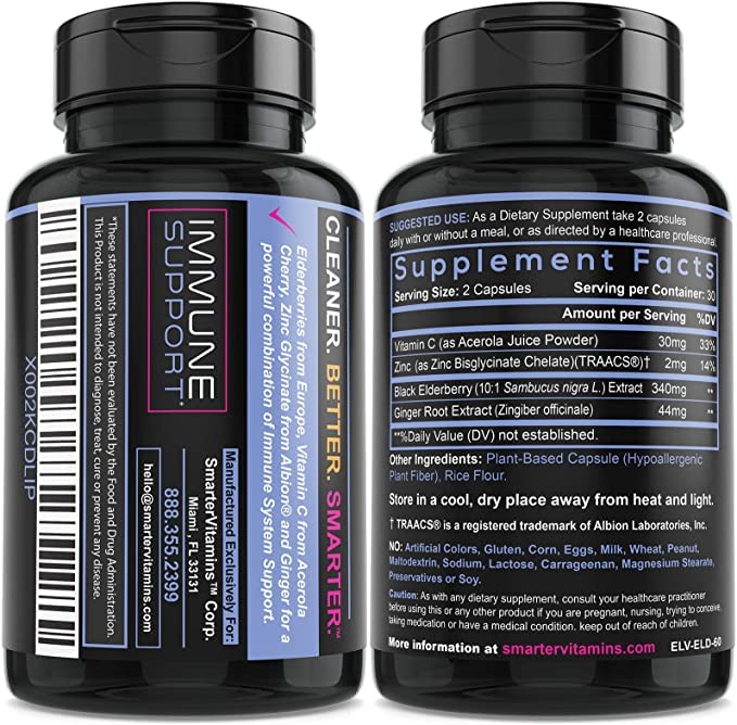 (3 Pack) Smarter Elderberry Capsules + Vitamin C & Zinc – 180 Vegan Pills