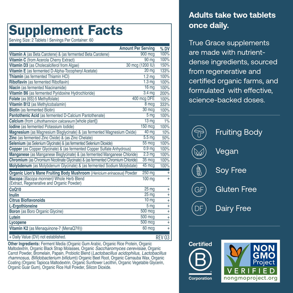 True Grace Daily Men’s Multivitamin 50+ – 60 Servings (120 Tablets) | Immune, Energy, Longevity & Memory Support