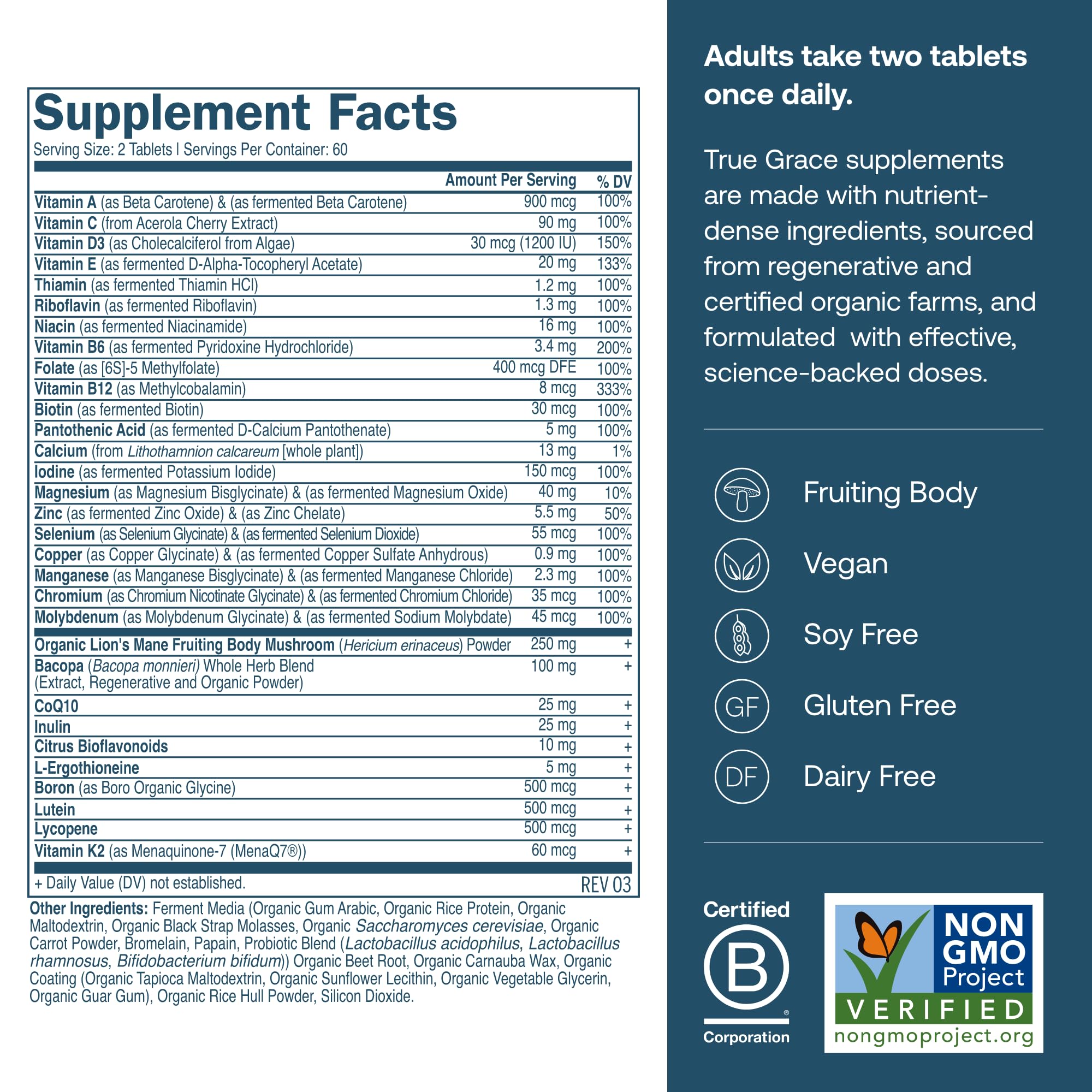 True Grace Daily Men’s Multivitamin 50+ – 60 Servings (120 Tablets) | Immune, Energy, Longevity & Memory Support