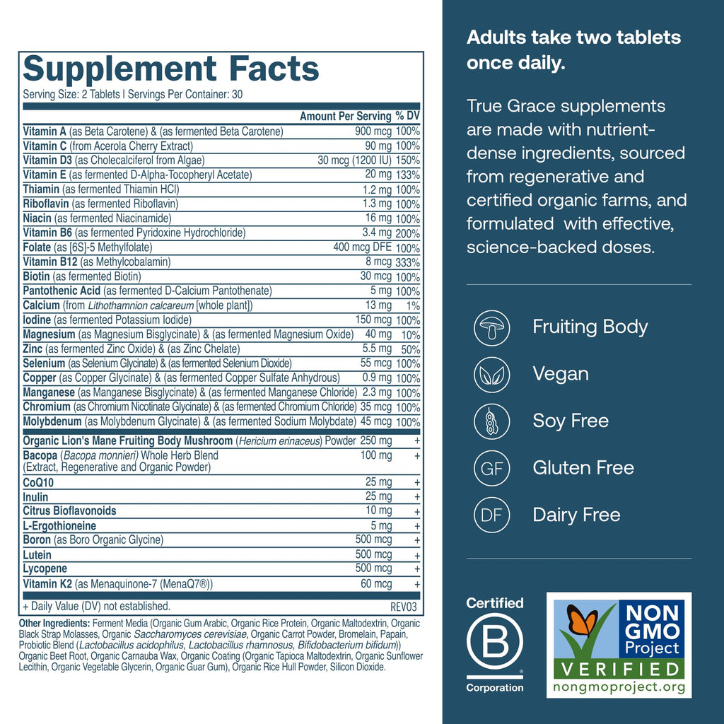 True Grace Daily Men’s Multivitamin 50+ | 60 Easy-to-Swallow Tablets | Immune, Energy, Longevity & Memory Support | Gluten Free, Soy Free, Vegan | 30 Servings