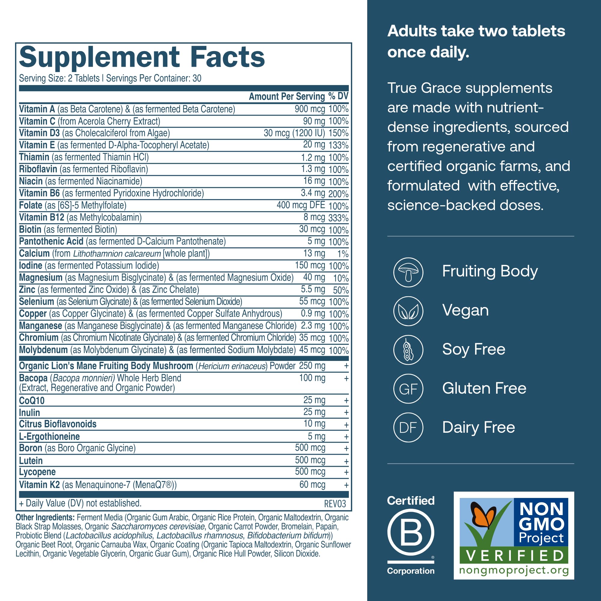 True Grace Daily Men’s Multivitamin 50+ | 60 Easy-to-Swallow Tablets | Immune, Energy, Longevity & Memory Support | Gluten Free, Soy Free, Vegan | 30 Servings