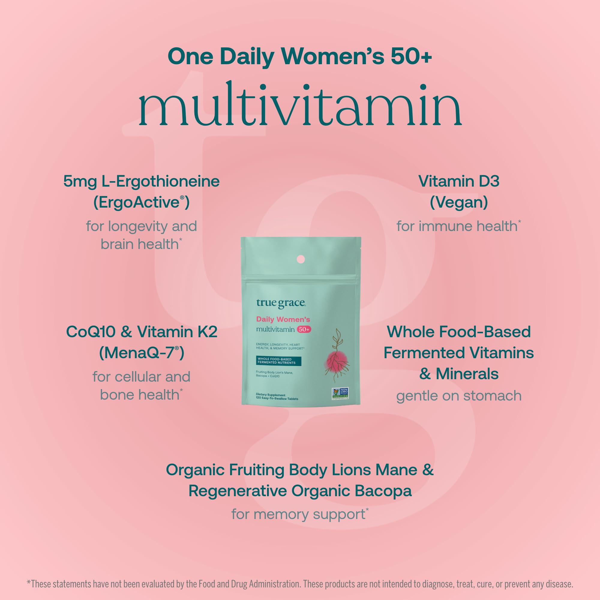 True Grace Daily Women's Multivitamin 50+ | 120 Tablets | Immune, Energy & Memory Support | Vegan, Gluten/Soy/Iron Free