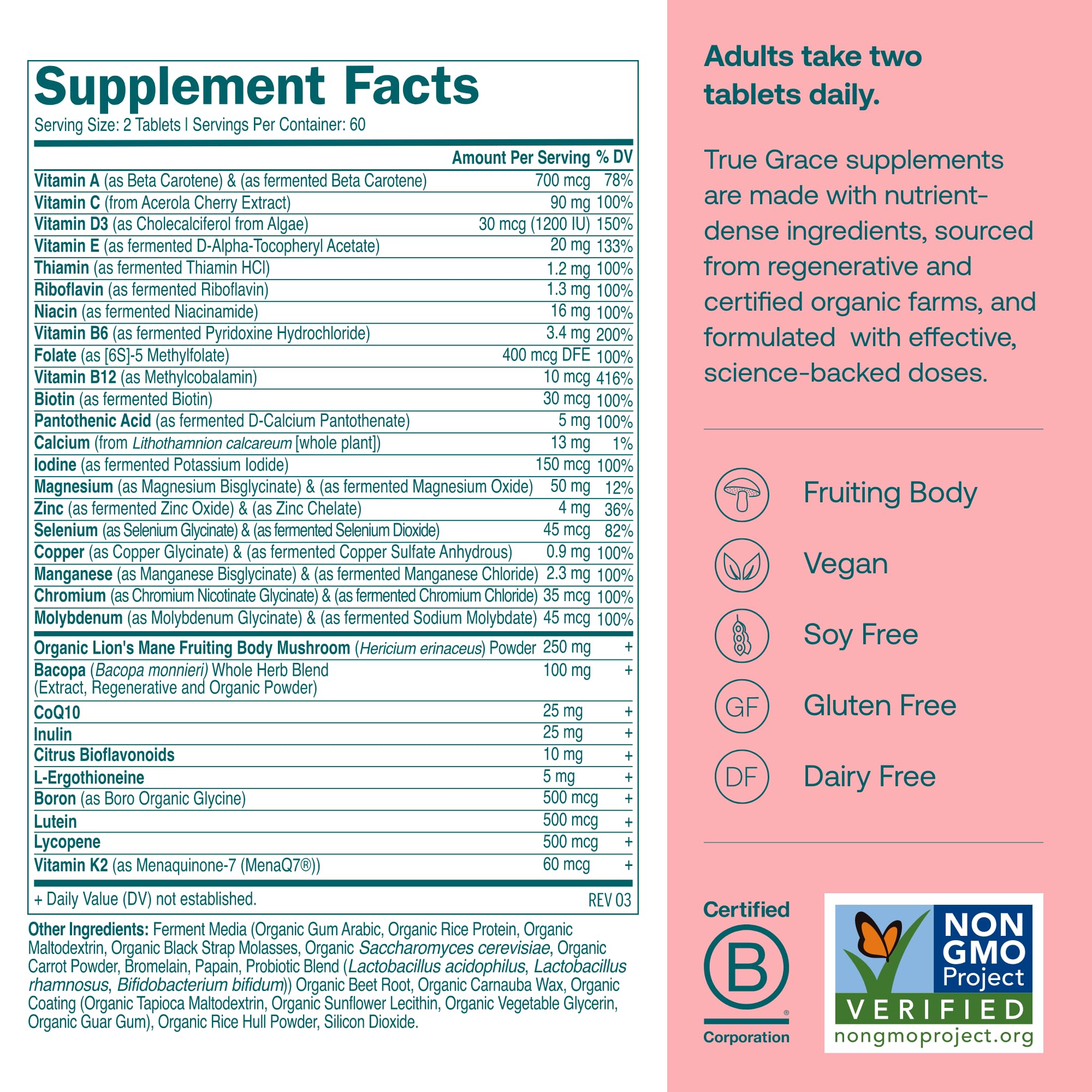 True Grace Daily Women's Multivitamin 50+ | 120 Tablets | Immune, Energy & Memory Support | Vegan, Gluten/Soy/Iron Free