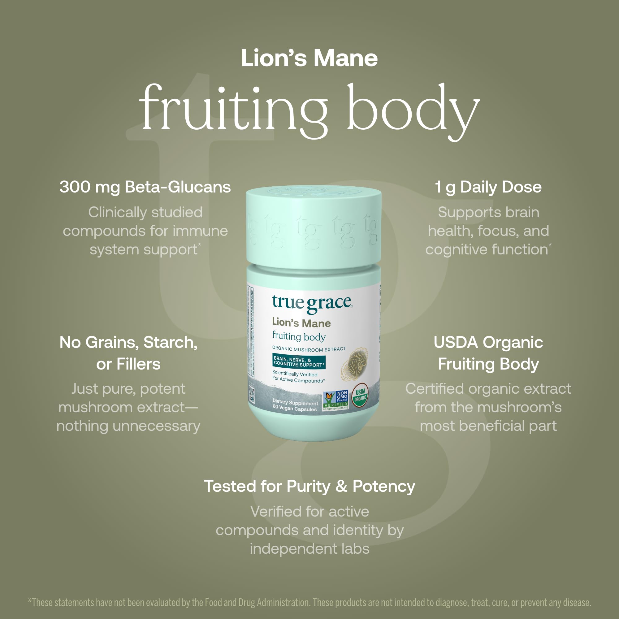 True Grace Lion's Mane – Brain, Nerve & Cognitive Support | 60 Capsules | Organic