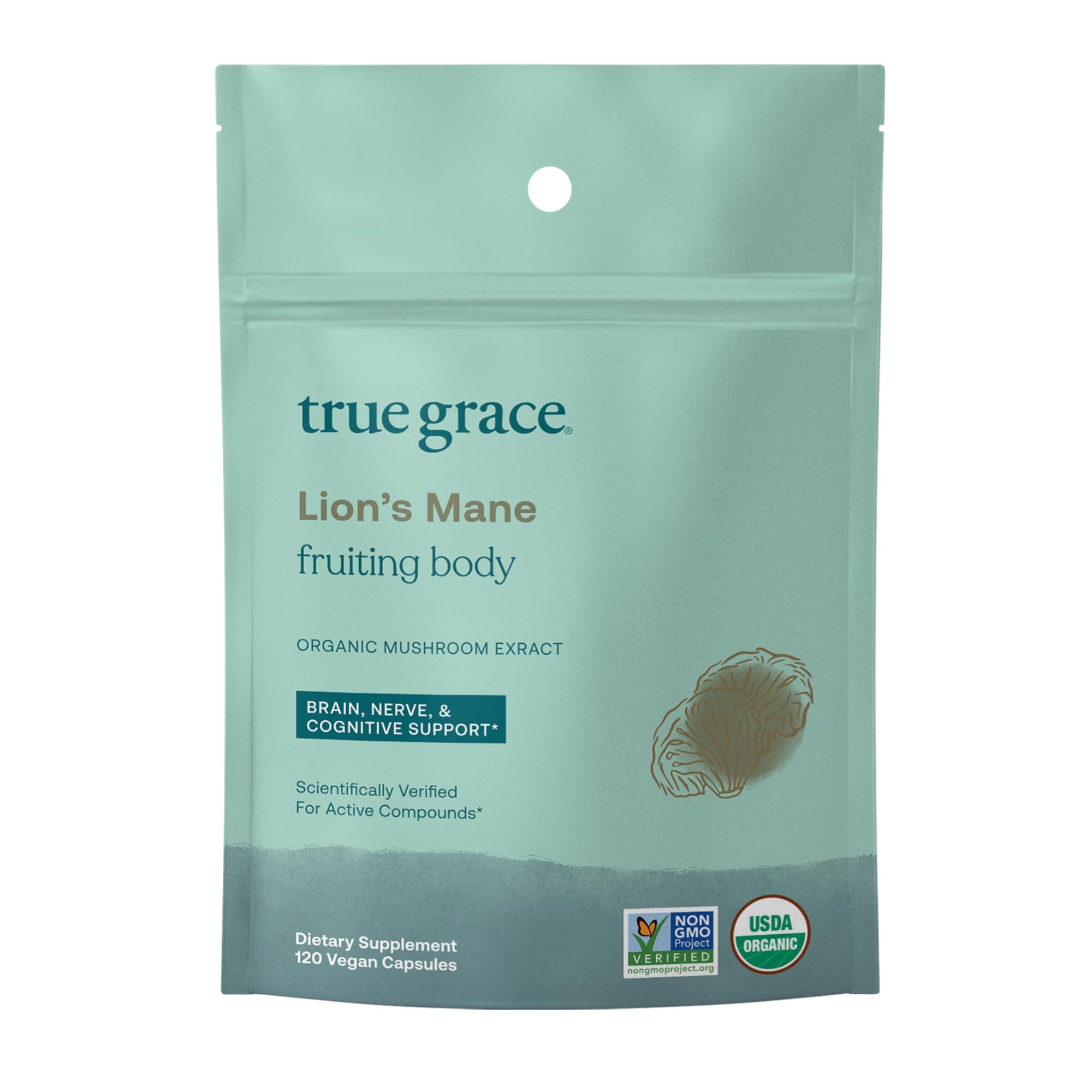 True Grace Lion's Mane Mushroom – Brain, Nerve & Cognitive Support | 120 Count Capsules | Organic