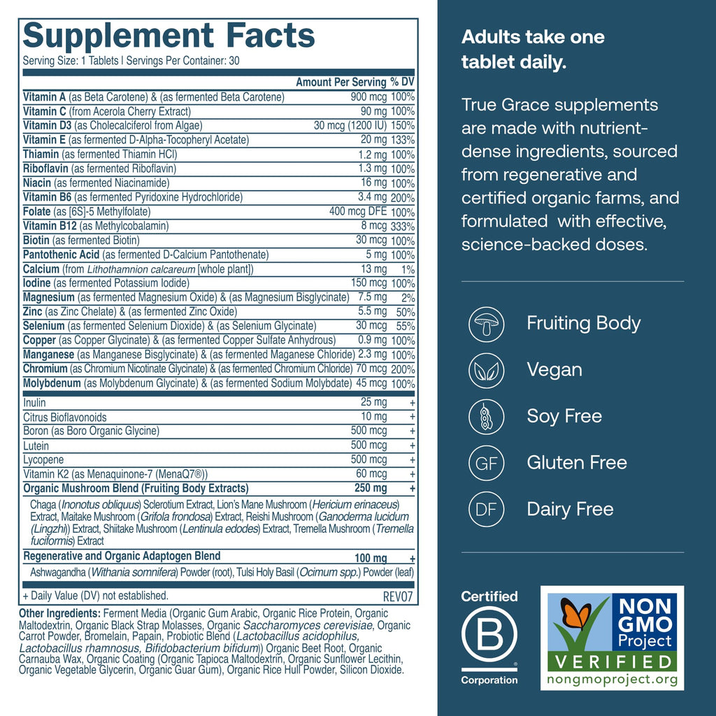 True Grace Men's 40+ Multivitamin – Fermented Minerals, Organic Adaptogens & Mushrooms