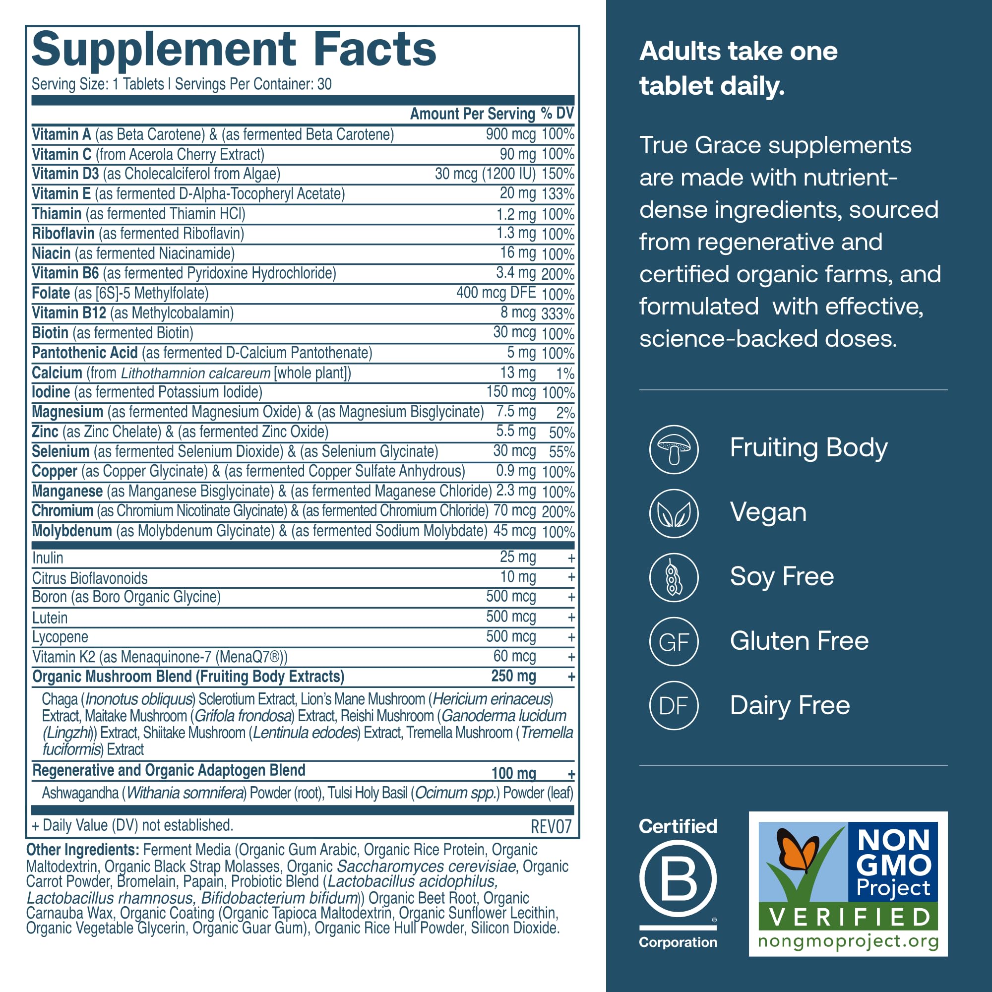 True Grace Men's 40+ Multivitamin – Fermented Minerals, Organic Adaptogens & Mushrooms