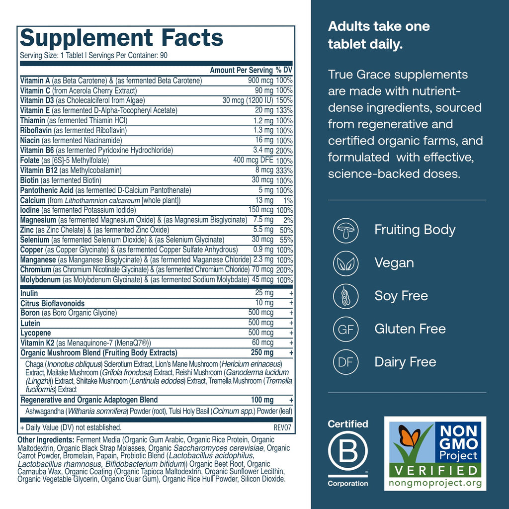 True Grace Men's 40+ One Daily Multivitamin with Fermented Minerals & Organic Adaptogens – 90 Veg Tablets