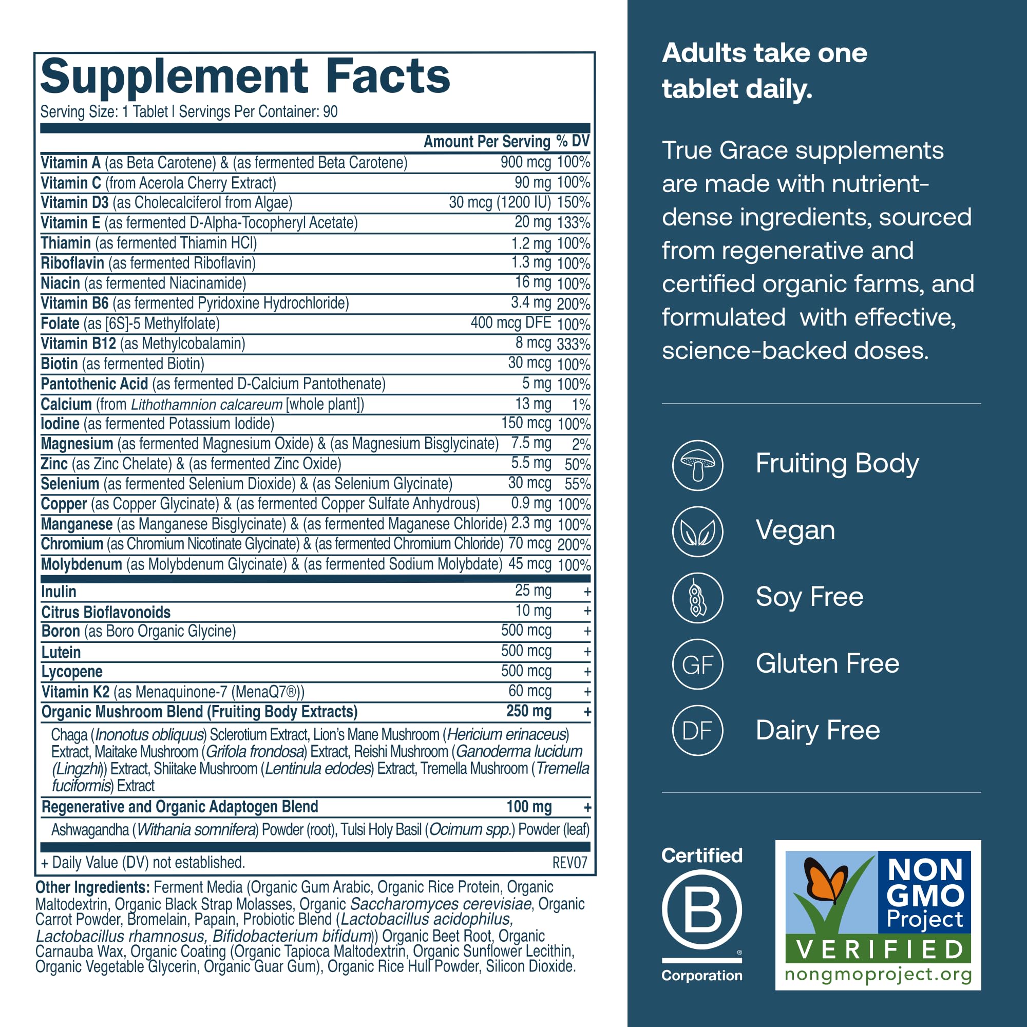 True Grace Men's 40+ One Daily Multivitamin with Fermented Minerals & Organic Adaptogens – 90 Veg Tablets