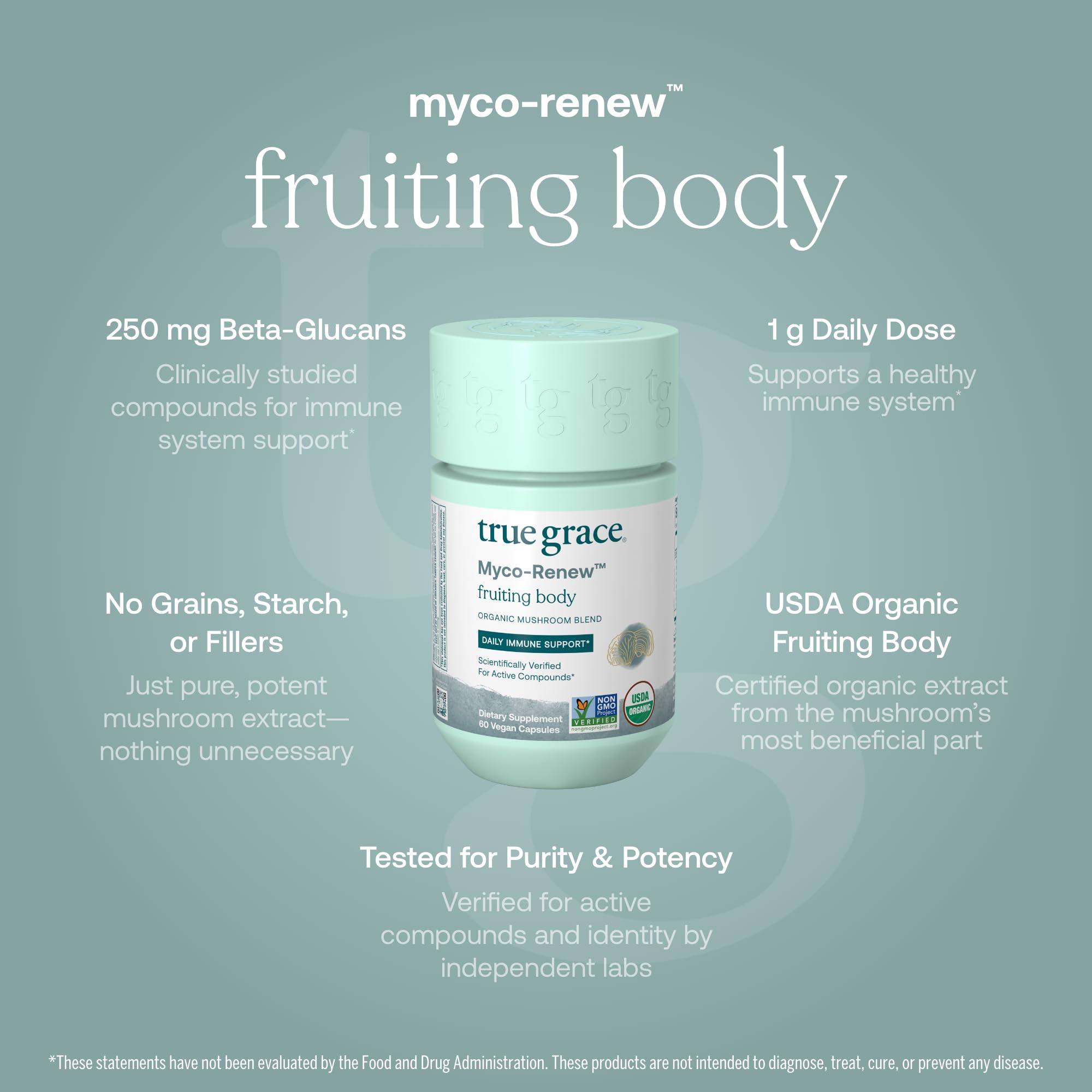 True Grace Mushroom Myco-Renew Blend - Organic Immune Support, 60 Count Capsules