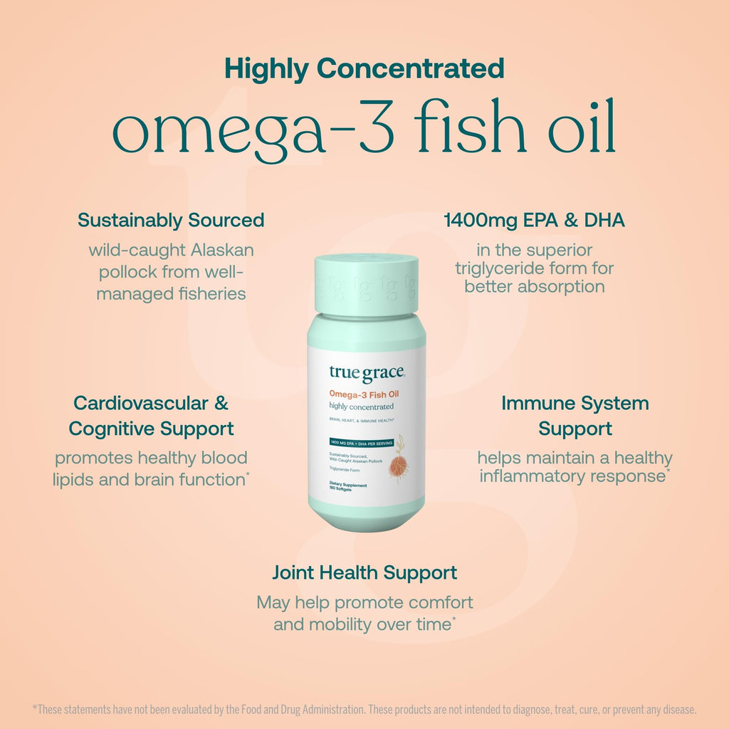 True Grace Omega-3 Fish Oil - 180 Softgels | 1400 mg EPA + DHA | Organic, Gluten Free, Soy Free