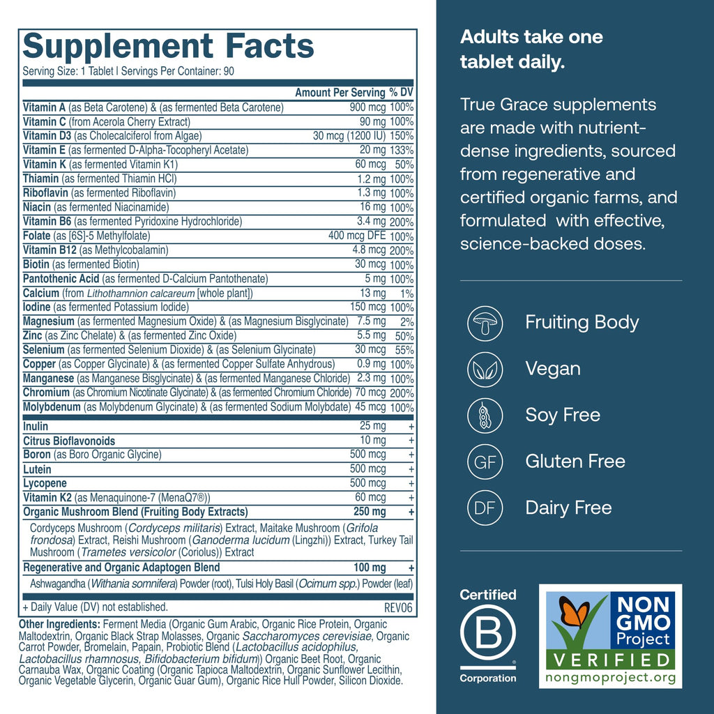 True Grace One Daily Men's Multivitamin – Fermented Minerals, Organic Mushrooms & Adaptogens (90 Vegan Tablets)