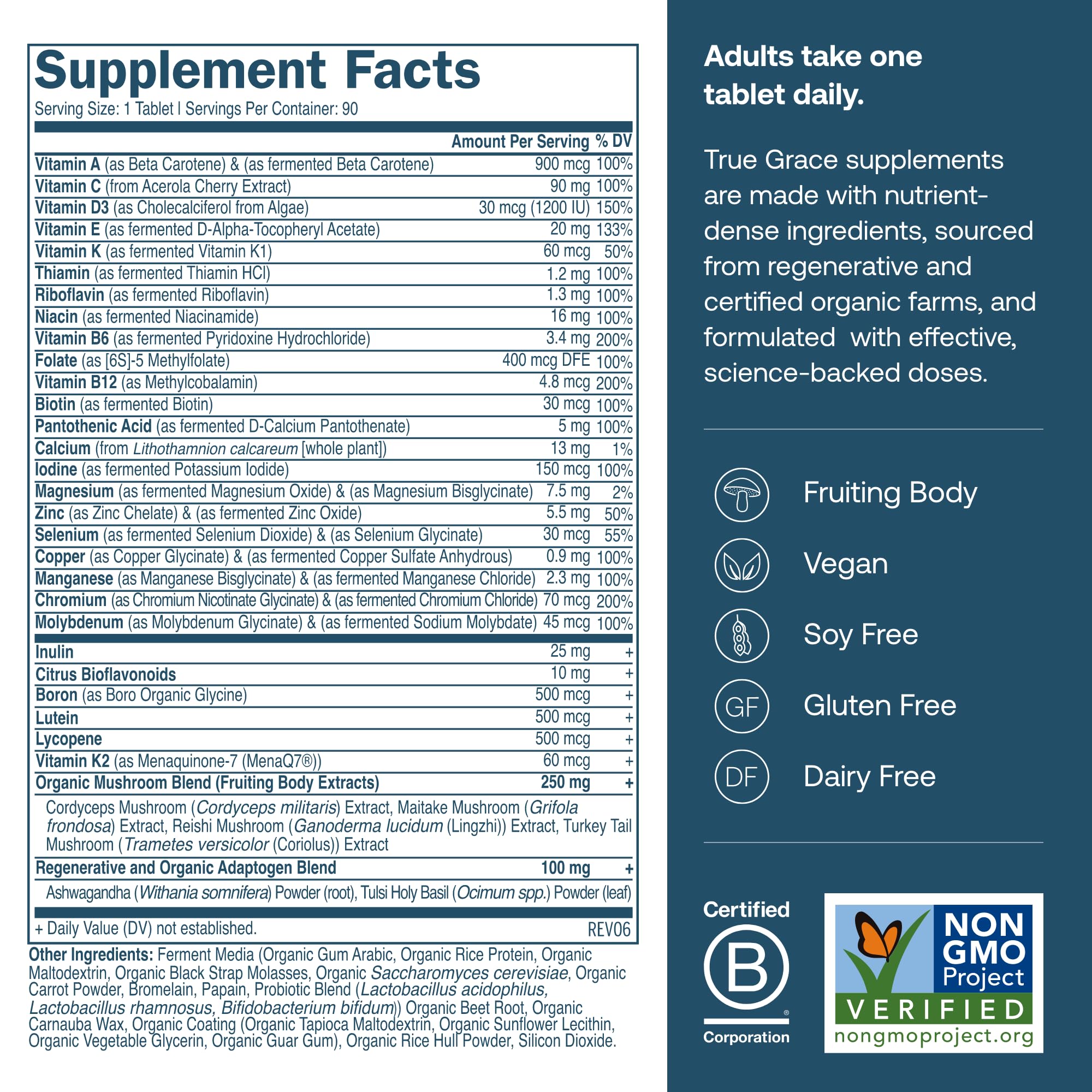 True Grace One Daily Men's Multivitamin – Fermented Minerals, Organic Mushrooms & Adaptogens (90 Vegan Tablets)