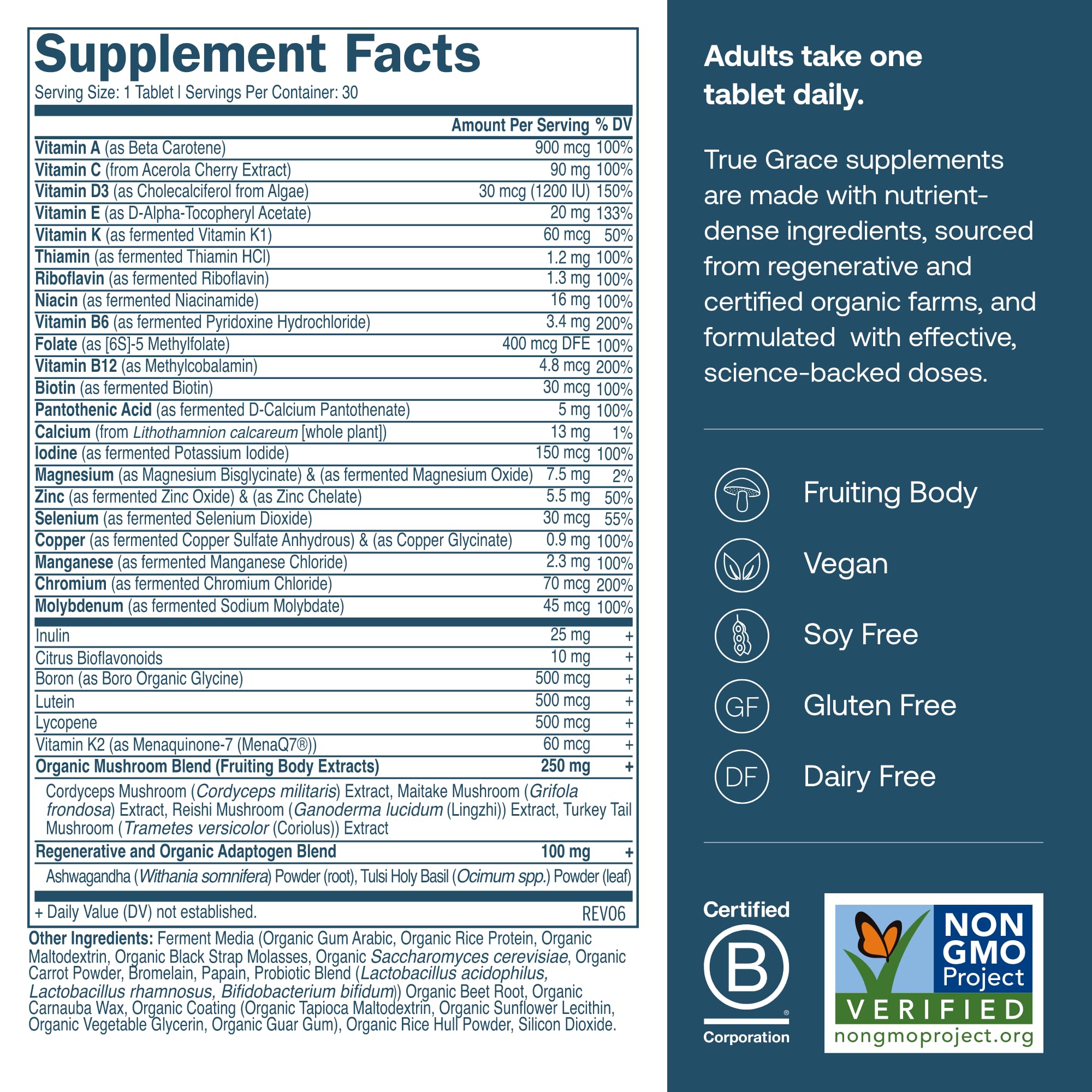 True Grace One Daily Men's Multivitamin - Fermented Minerals, Organic Adaptogens & Mushrooms