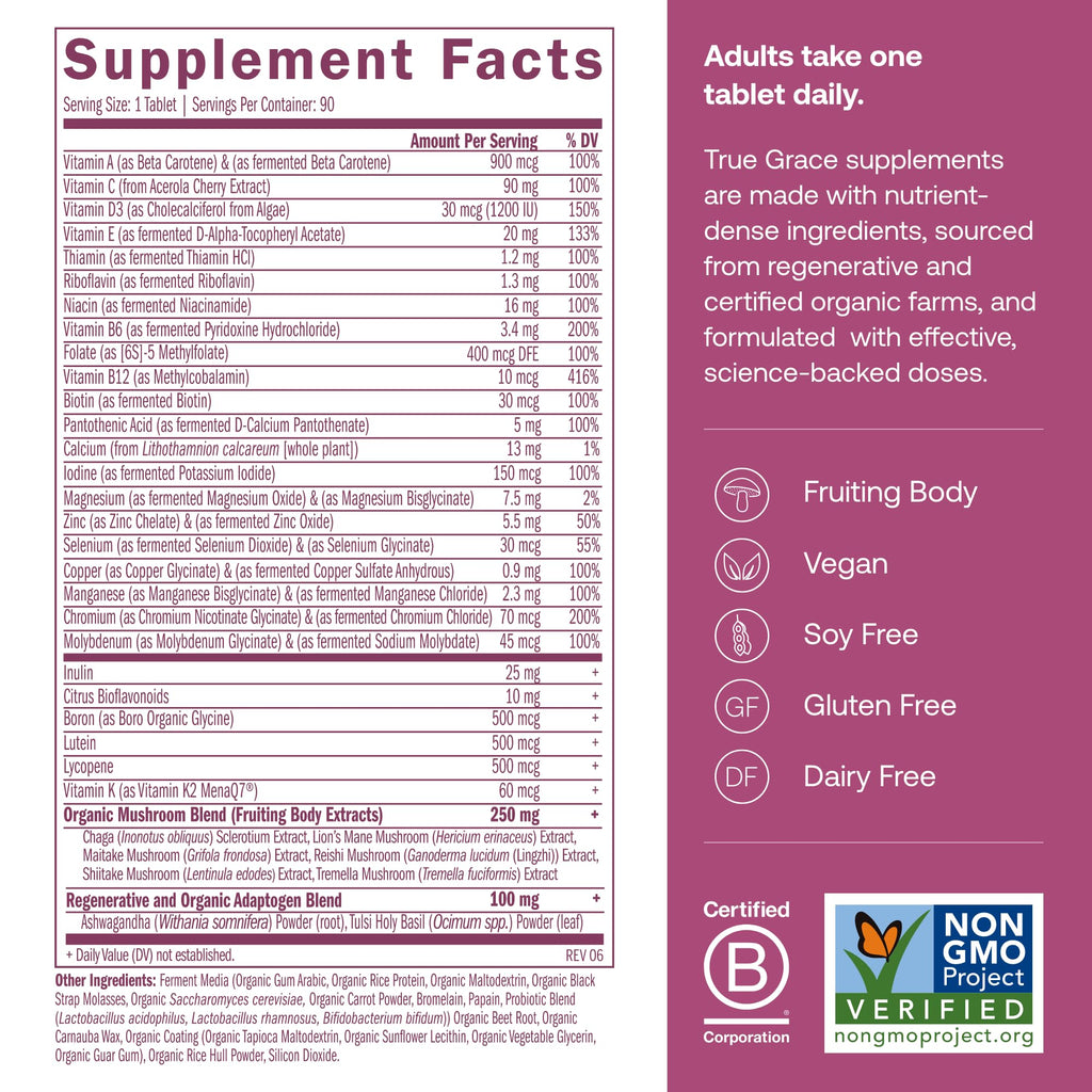 True Grace One Daily 40+ Multivitamin with Fermented Minerals, Organic Adaptogens & Mushrooms - Non-GMO, Gluten & Soy Free, 90 Vegan Tablets