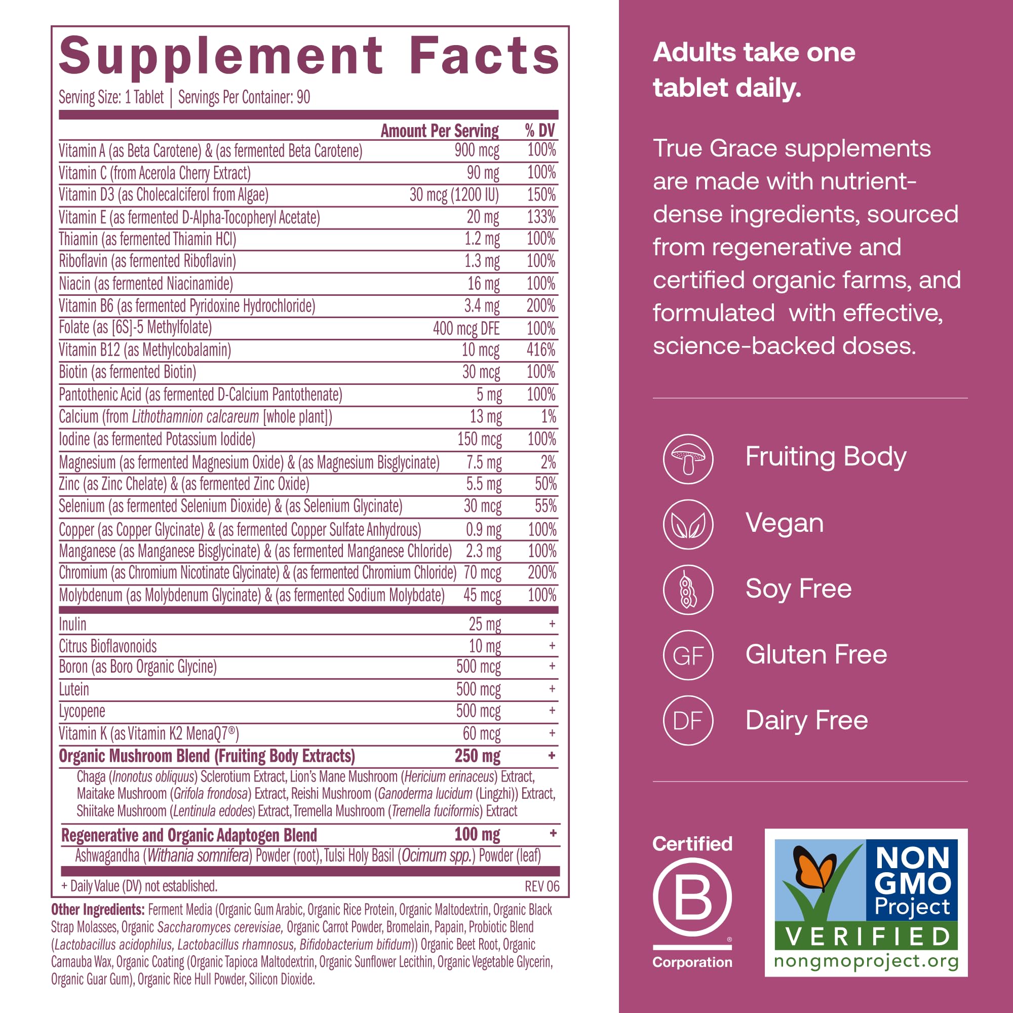 True Grace One Daily 40+ Multivitamin with Fermented Minerals, Organic Adaptogens & Mushrooms - Non-GMO, Gluten & Soy Free, 90 Vegan Tablets
