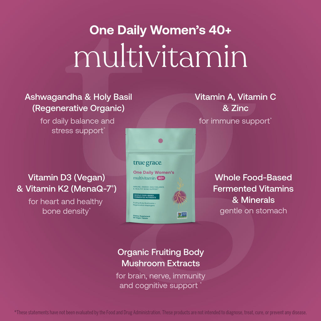 True Grace One Daily 40+ Multivitamin with Fermented Minerals, Organic Adaptogens & Mushrooms - Non-GMO, Gluten & Soy Free, 90 Vegan Tablets
