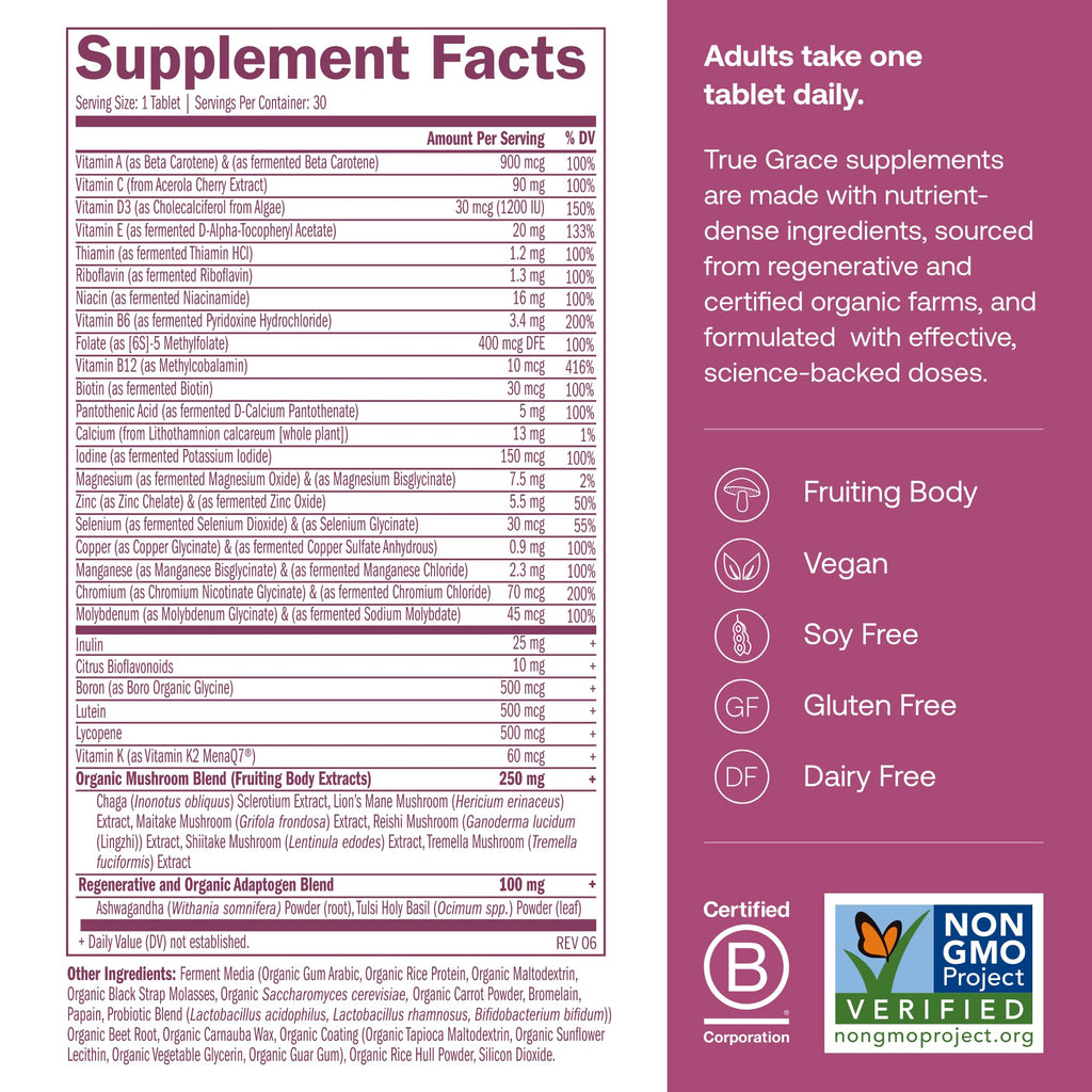 True Grace One Daily Women's Multivitamin 40+ - Fermented Minerals, Organic Adaptogens & Mushrooms
