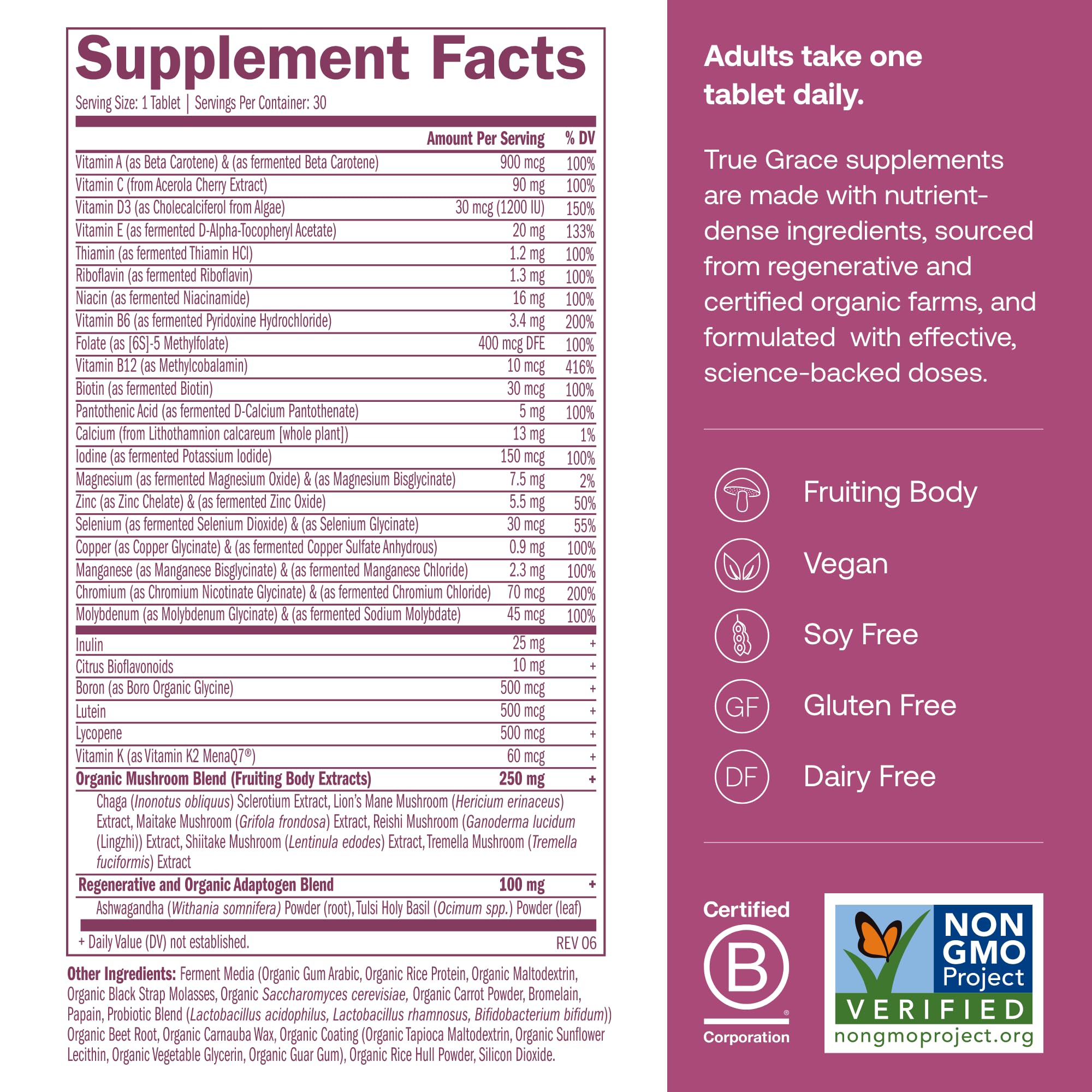 True Grace One Daily Women's Multivitamin 40+ - Fermented Minerals, Organic Adaptogens & Mushrooms