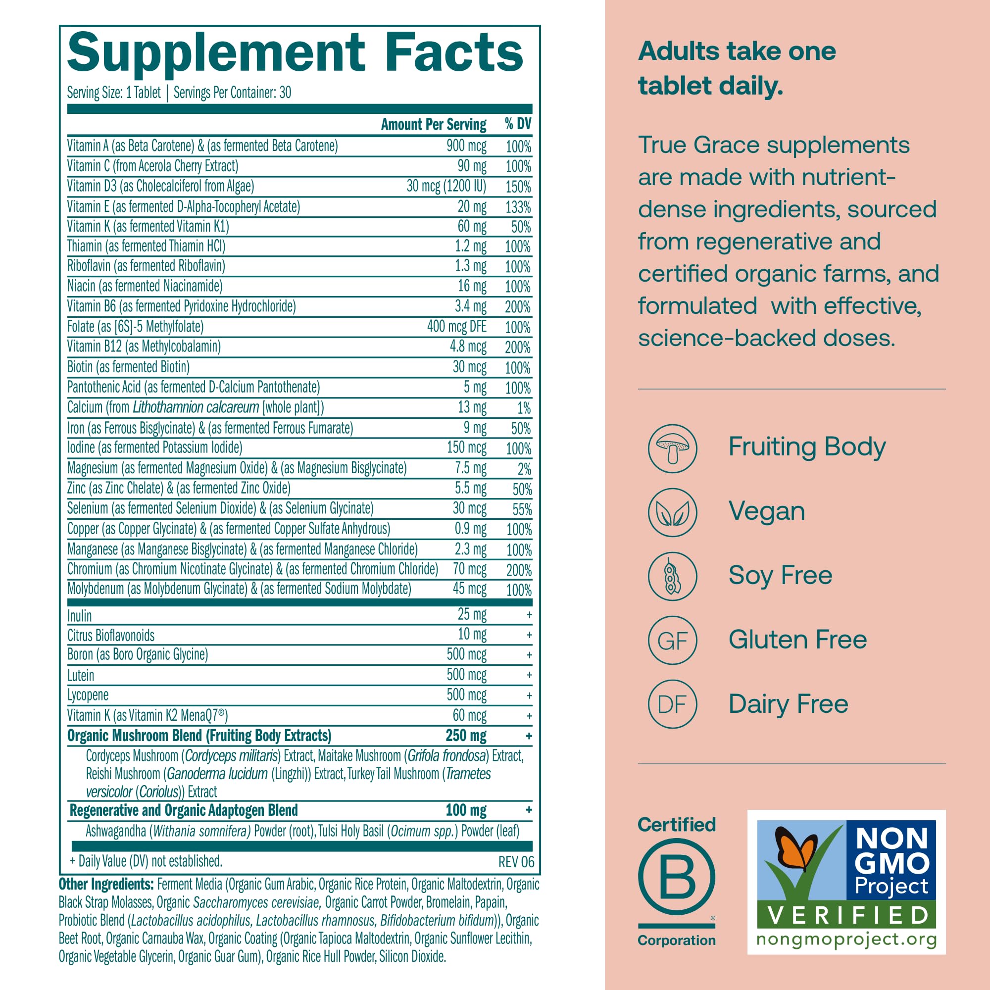 True Grace One Daily Women’s Multivitamin – Fermented Minerals, Organic Adaptogens & Mushrooms | 30 Vegan Tablets