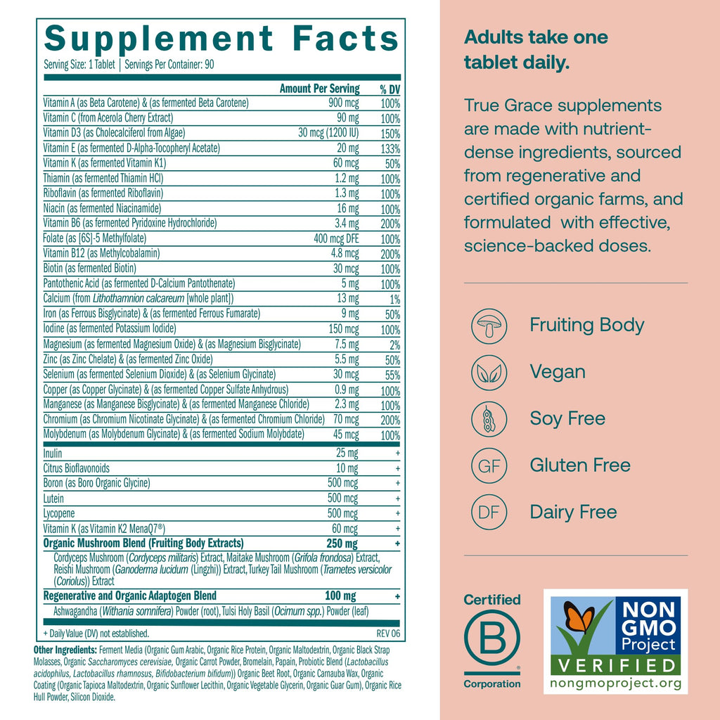 True Grace One Daily Women’s Multivitamin with Fermented Minerals, Organic Adaptogens & Mushroom Blend – 90 Vegan Tablets