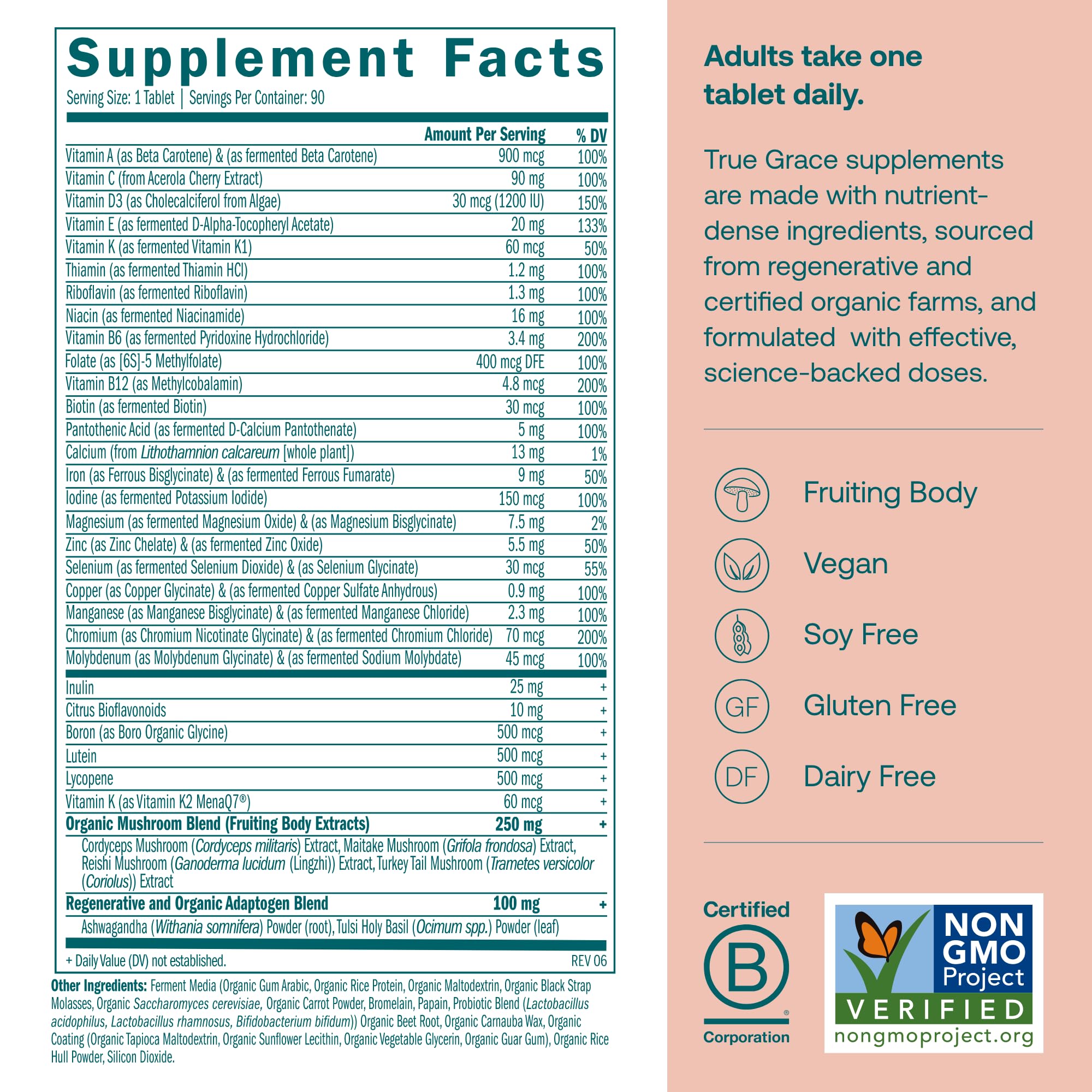 True Grace One Daily Women’s Multivitamin with Fermented Minerals, Organic Adaptogens & Mushroom Blend – 90 Vegan Tablets