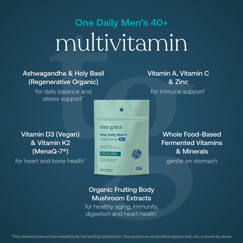 True Grace Men's 40+ One Daily Multivitamin with Fermented Minerals & Organic Adaptogens – 90 Veg Tablets