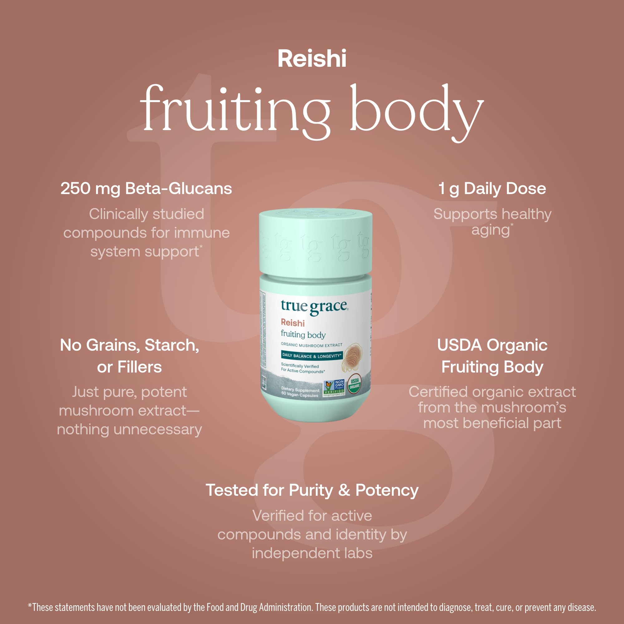 True Grace Mushroom Reishi Daily Balance & Longevity - 60 Count Capsules - Organic