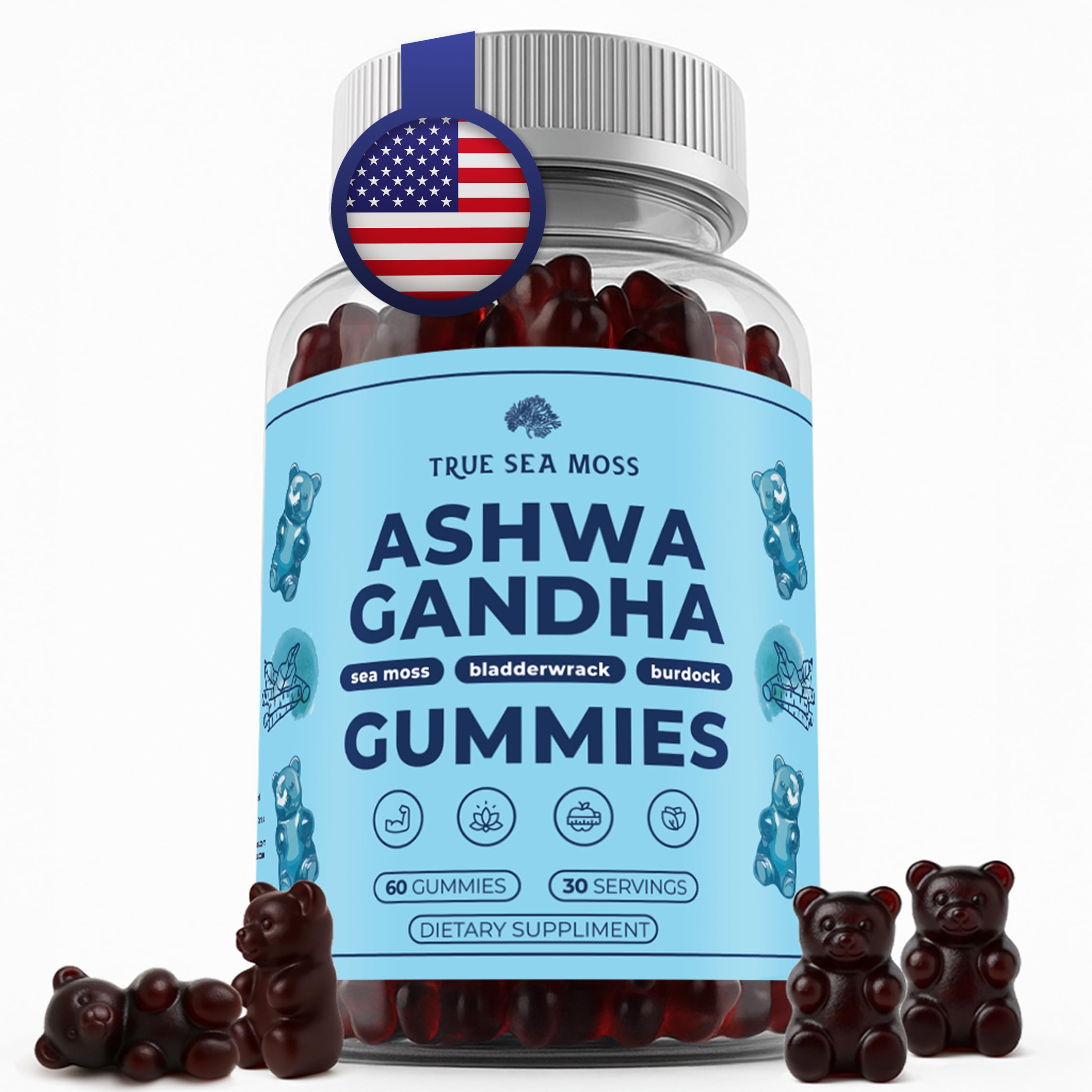 TrueSeaMoss Sea Moss Gummies with Ashwagandha – 1200mg/Serving, Vegan, Non-GMO, Made in USA, 60 Gummies