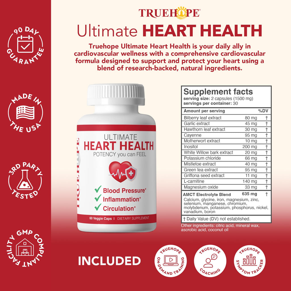 Truehope 27-in-1 Ultimate Heart Health Supplement | Blood Pressure, Circulation, Heart Function Support | Potency You Can Feel Day 1 | Hawthorn, Motherwort, Inositol, Mistletoe | + Advanced Chelation