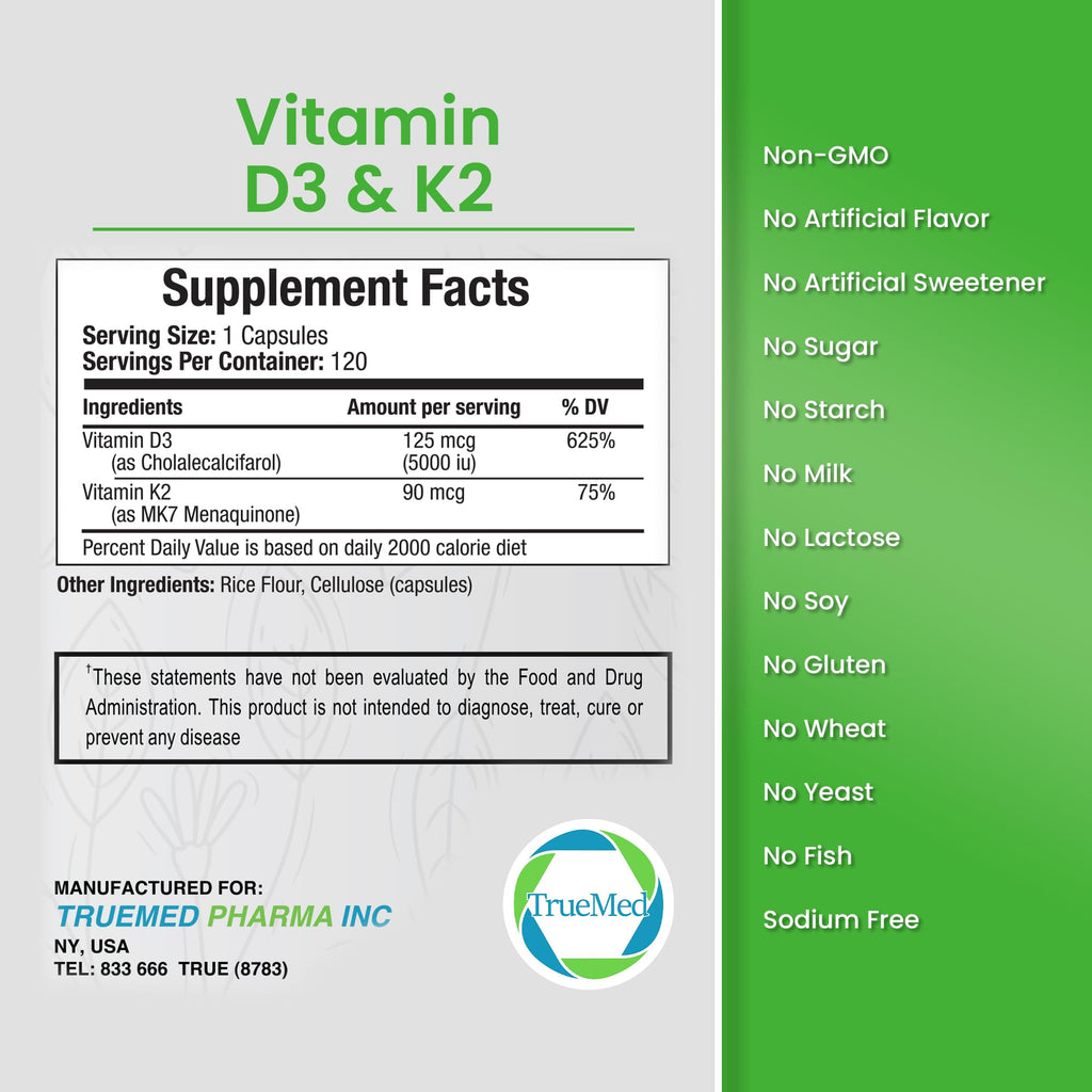 TRUEMED Vitamin D3 & K2 Supplement – 5000 IU D3 + 90 mcg K2 MK7 | 120 Veggie Capsules