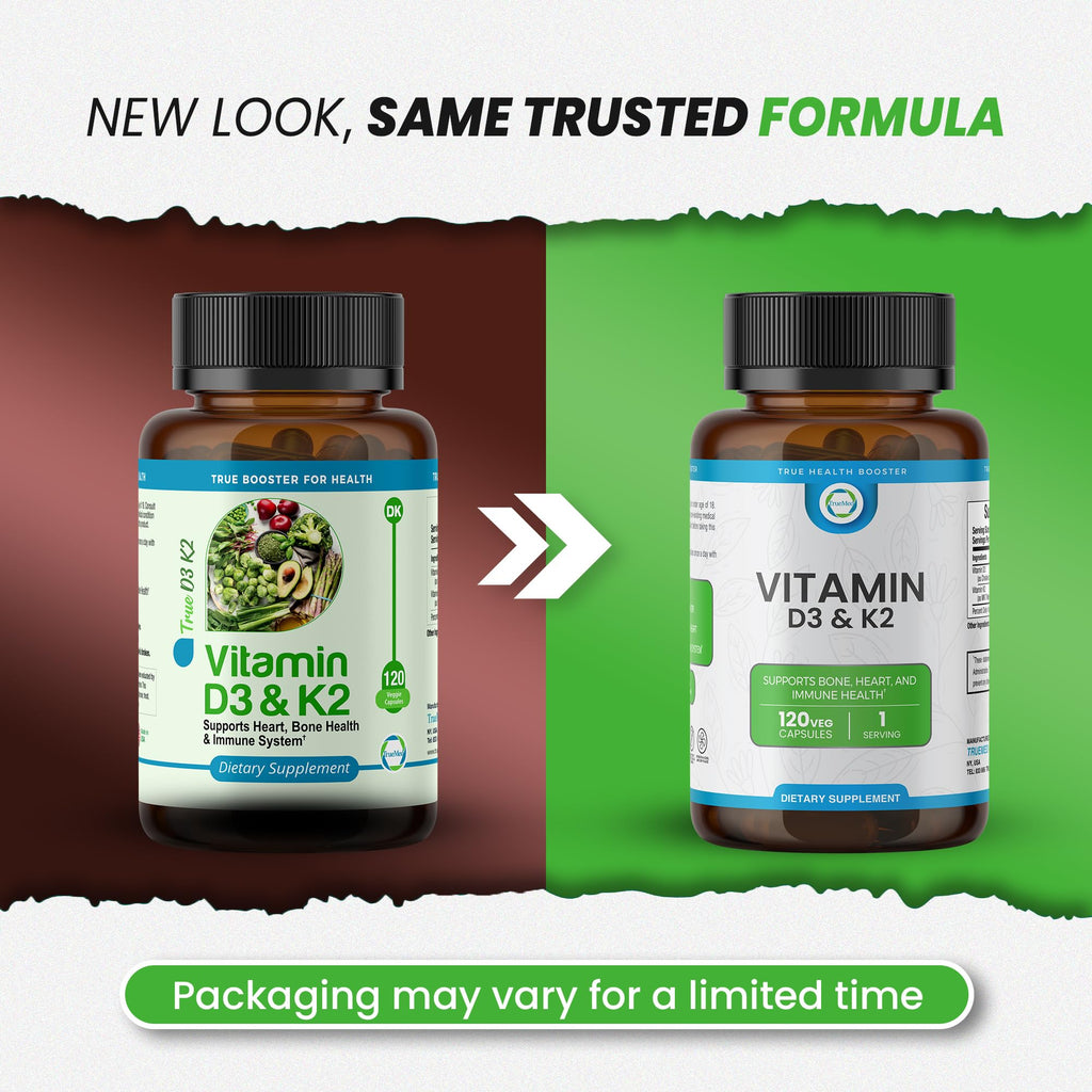 TRUEMED Vitamin D3 & K2 Supplement – 5000 IU D3 + 90 mcg K2 MK7 | 120 Veggie Capsules