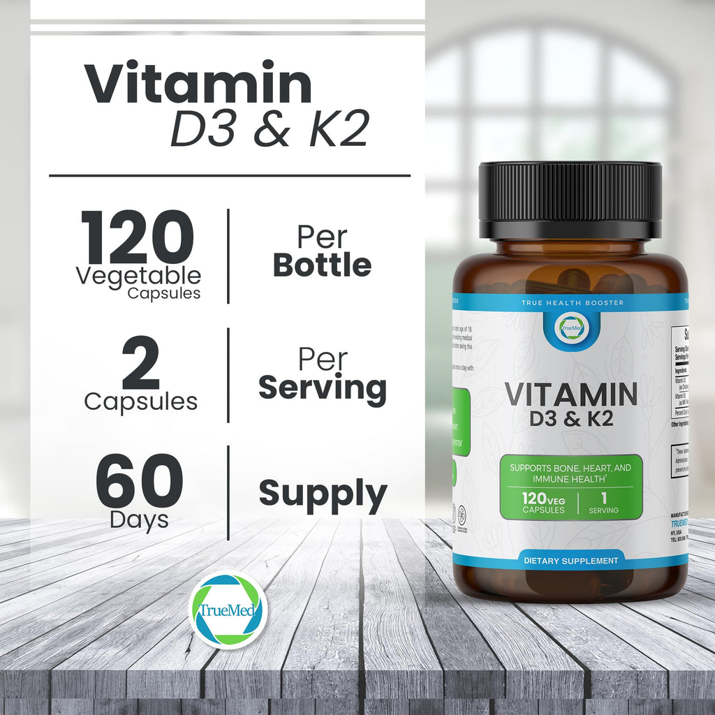 TRUEMED Vitamin D3 & K2 Supplement – 5000 IU D3 + 90 mcg K2 MK7 | 120 Veggie Capsules