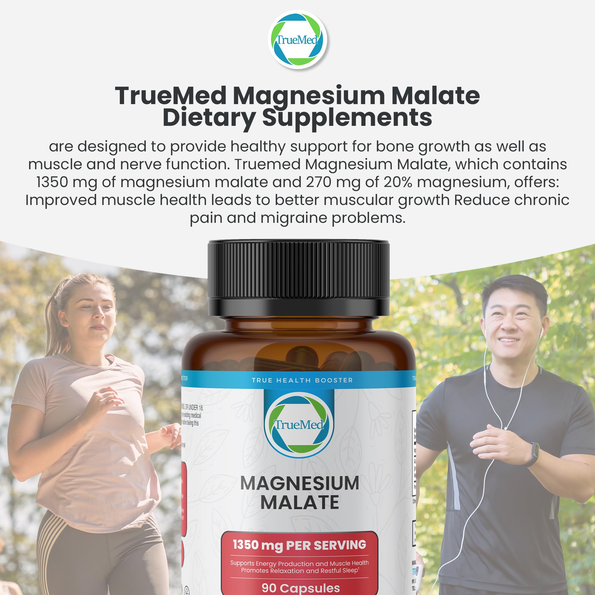 TrueMed Magnesium Malate 1350 mg – 90 Capsules | High Bioavailability, Muscle Function