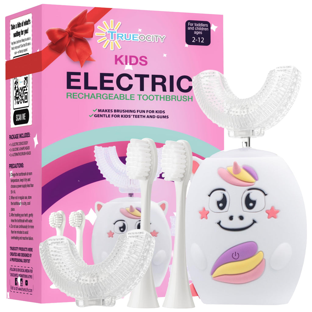 Trueocity Kids U-Shape Auto Electric Toothbrush – 360° Silicone Head, Unicorn Pink (Ages 2–7)