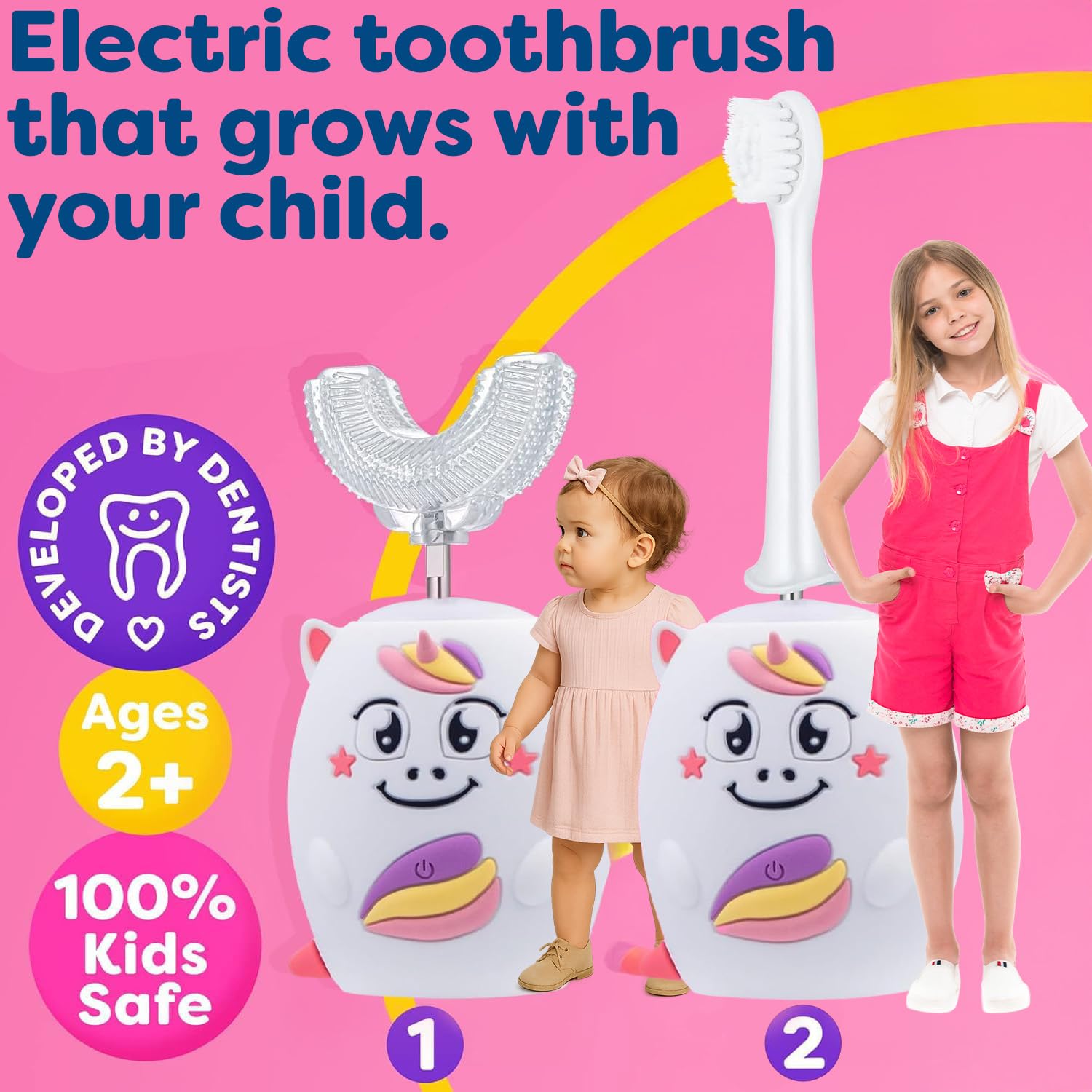 Trueocity Kids U-Shape Auto Electric Toothbrush – 360° Silicone Head, Unicorn Pink (Ages 2–7)