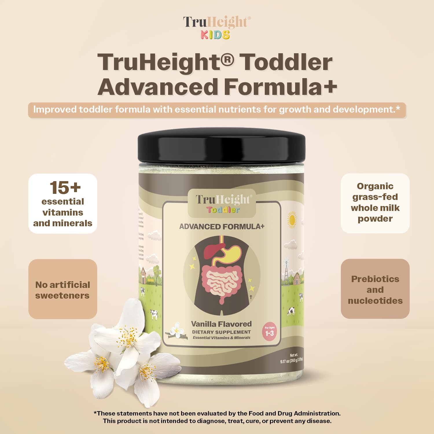 TruHeight Toddler Advanced Formula+ Vanilla - 16 Vitamins, 12-36 Months, Non-GMO