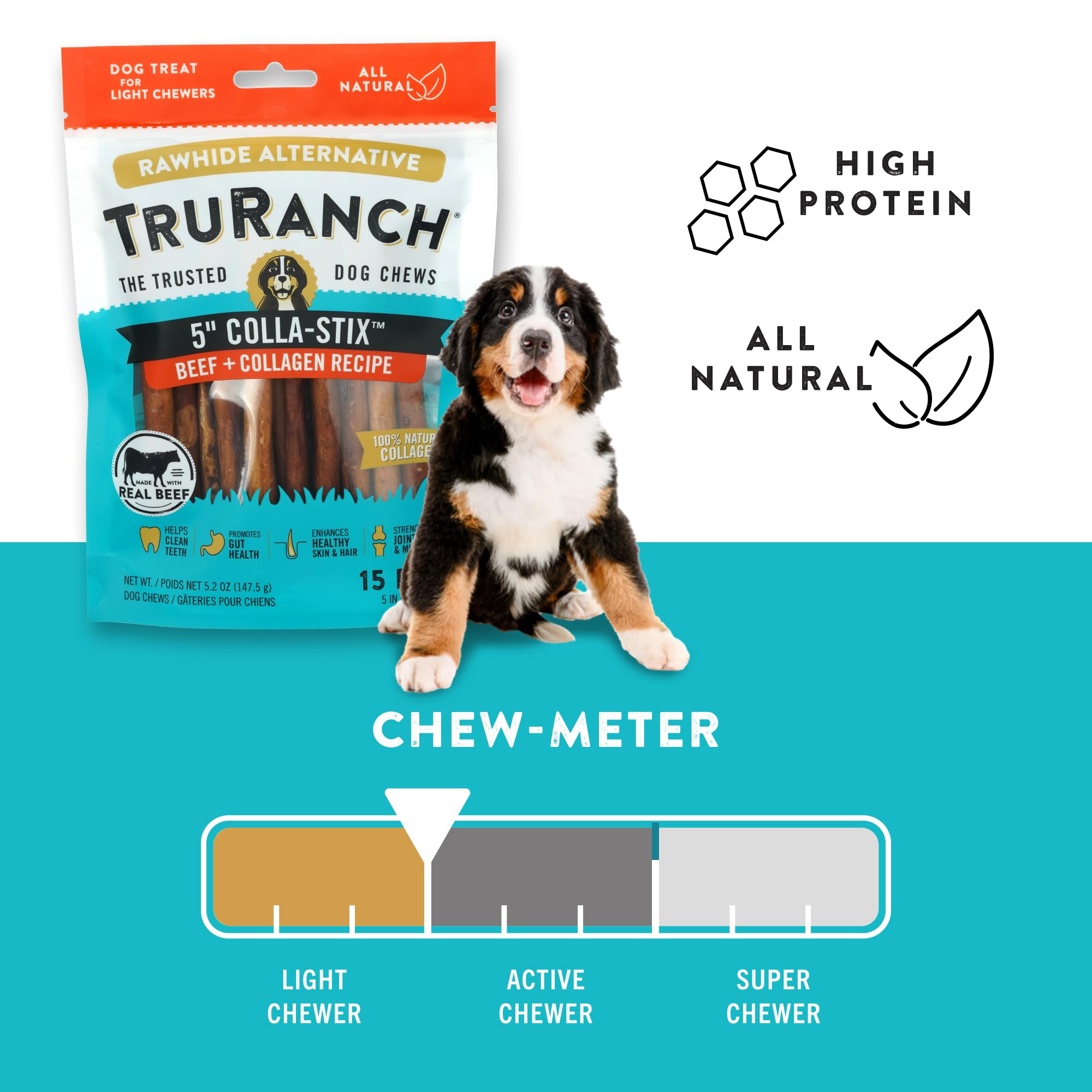 TRURANCH Collagen Sticks - 5-Inch Dog Treats, Rawhide Alternative, Beef, 3 Bags (45 Count)