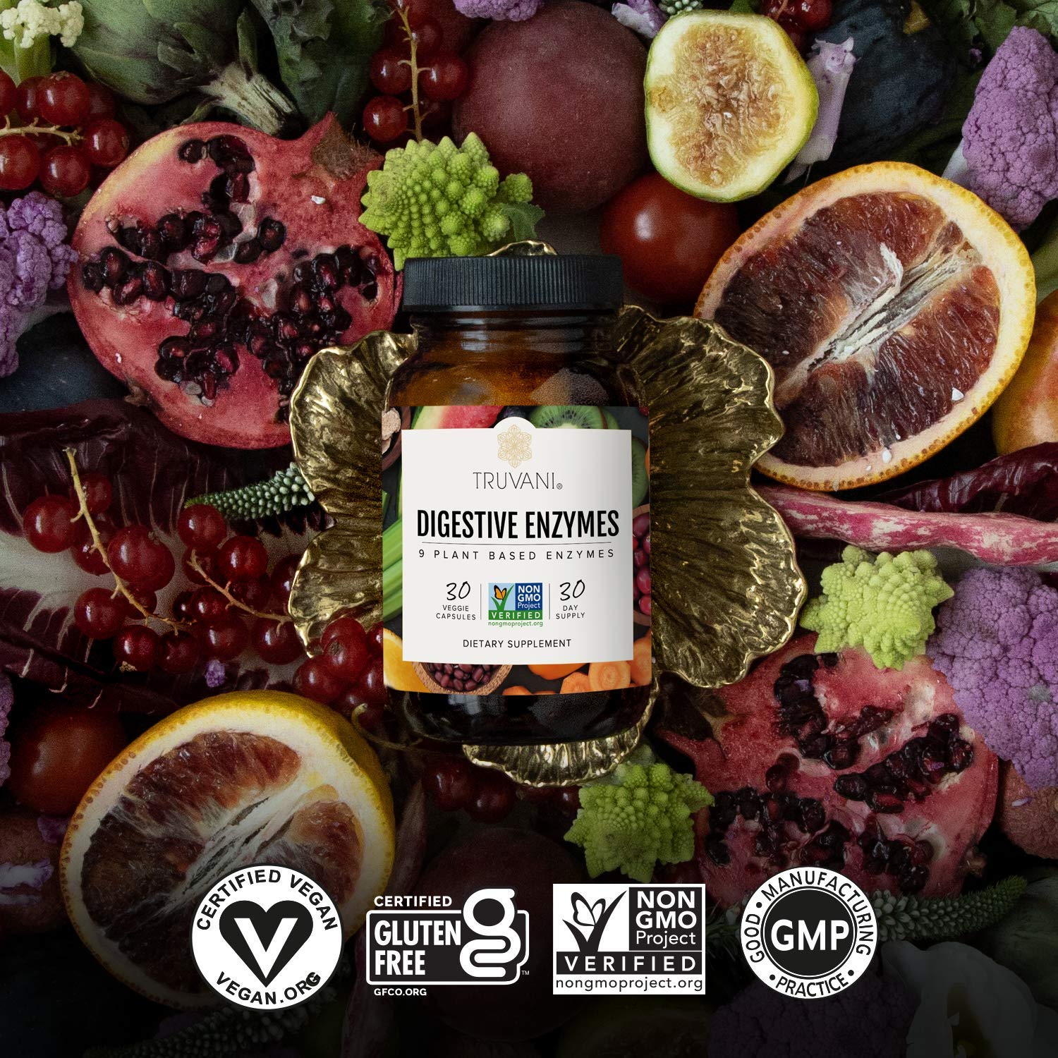 Truvani Digestive Enzymes – 9 Enzyme Blend for Digestive Support | Non-GMO Capsules | 30 Day Supply
