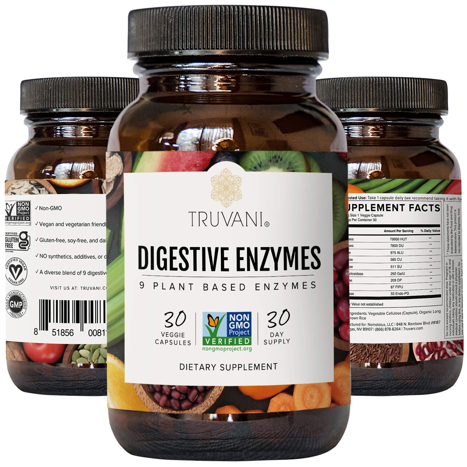 Truvani Digestive Enzymes – 9 Enzyme Blend for Digestive Support | Non-GMO Capsules | 30 Day Supply