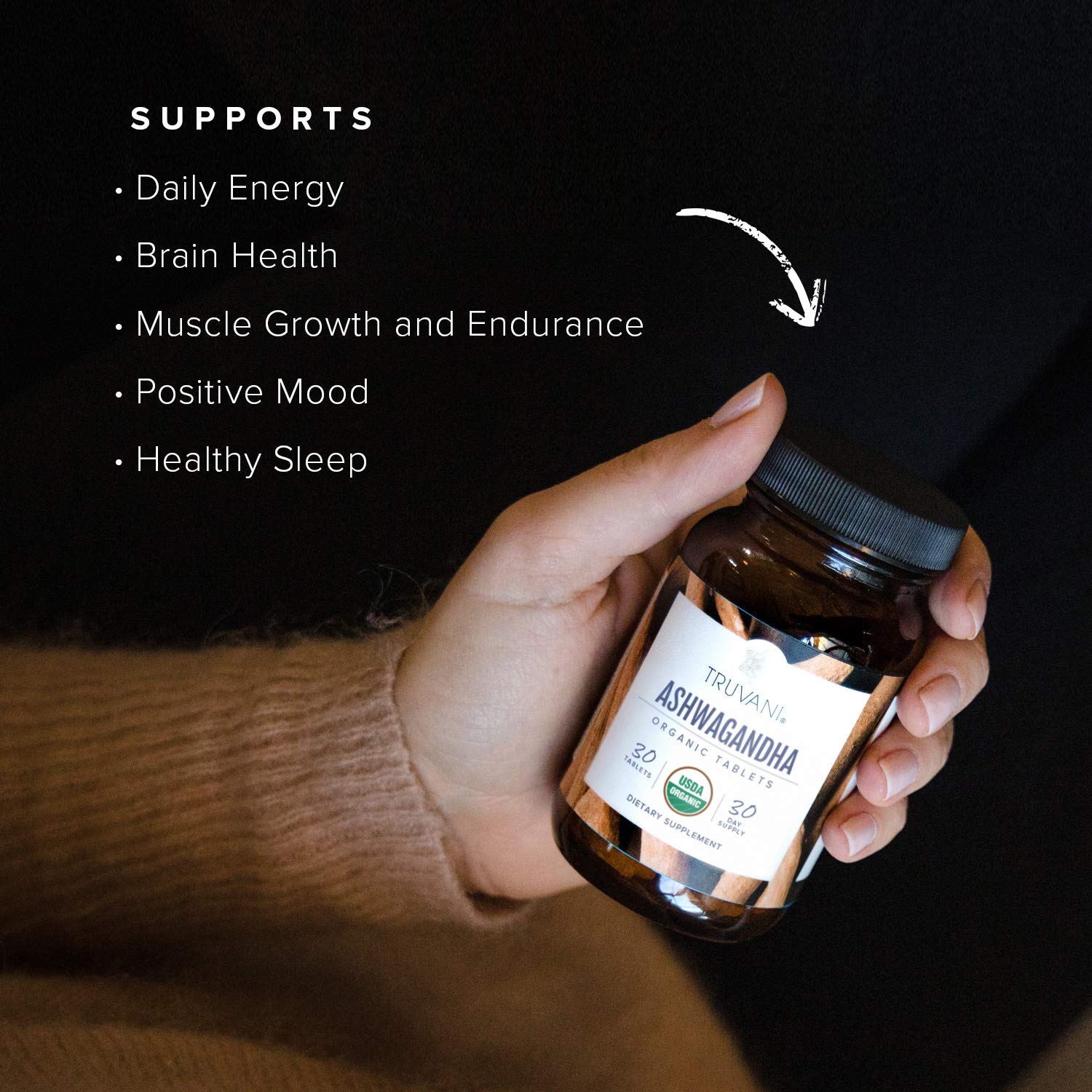 Truvani Organic Ashwagandha | Daily Energy, Mood, Brain Health & Sleep Support | 30 Day Non-GMO