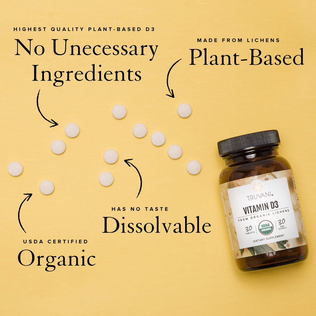 Truvani Organic Vitamin D3 - Plant-Based, USDA Organic, Gluten-Free (30 Tablets)