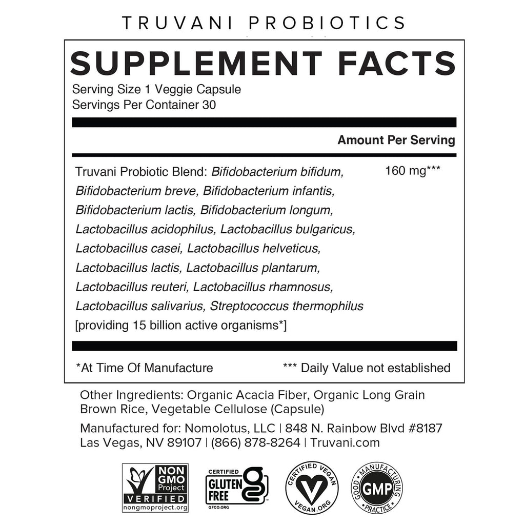 Truvani Probiotic Supplement | 30 Servings, 15B CFU | Vegan, Non-GMO