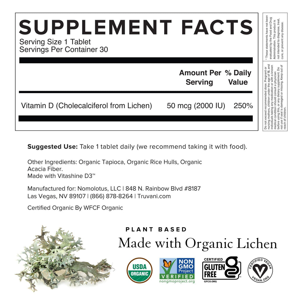 Truvani Organic Vitamin D3 - Plant-Based, USDA Organic, Gluten-Free (30 Tablets)