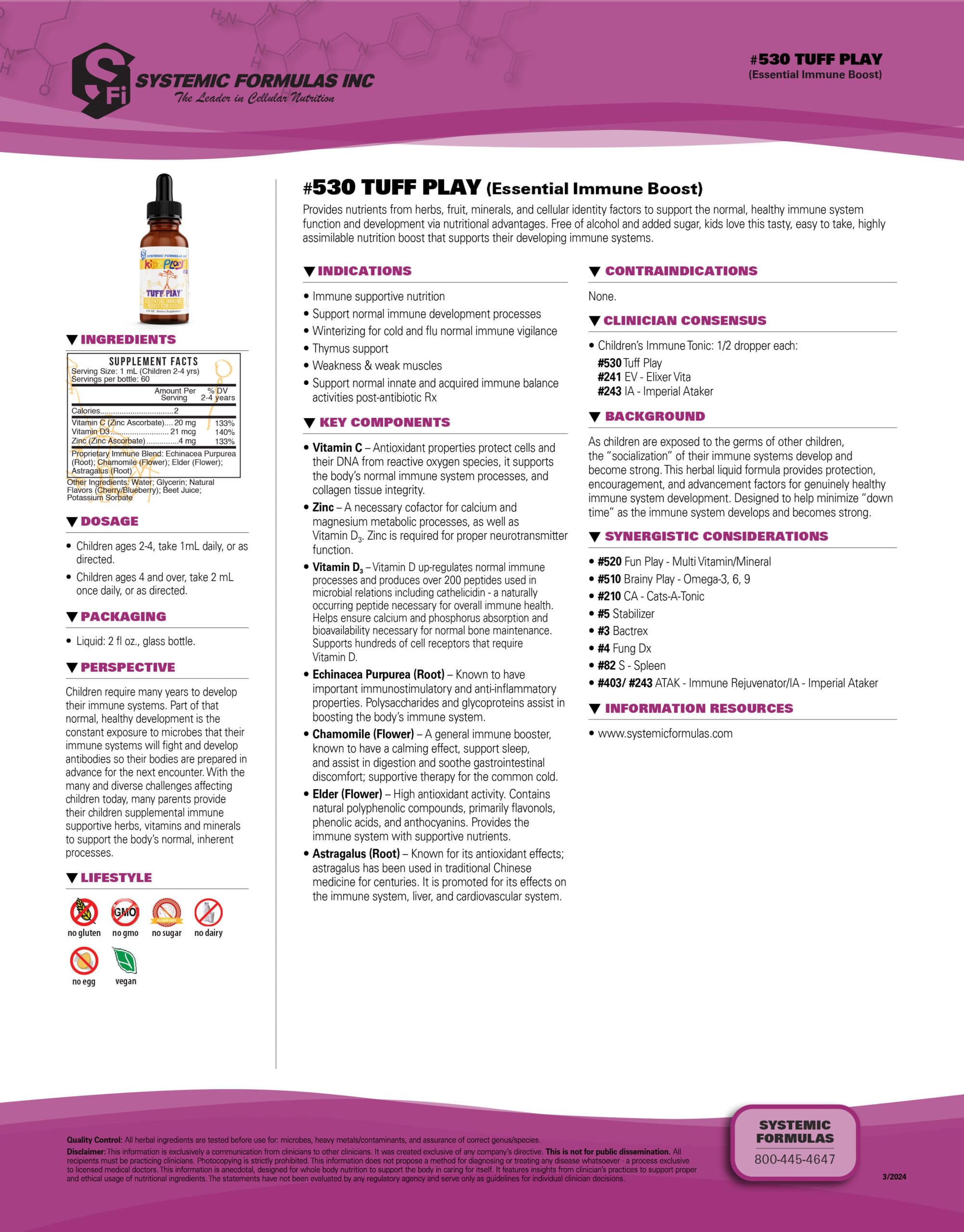 Systemic Formulas TUFF PLAY Kids Immune Support Supplement 2 Fl Oz – Vitamin C, D3 & Zinc #530