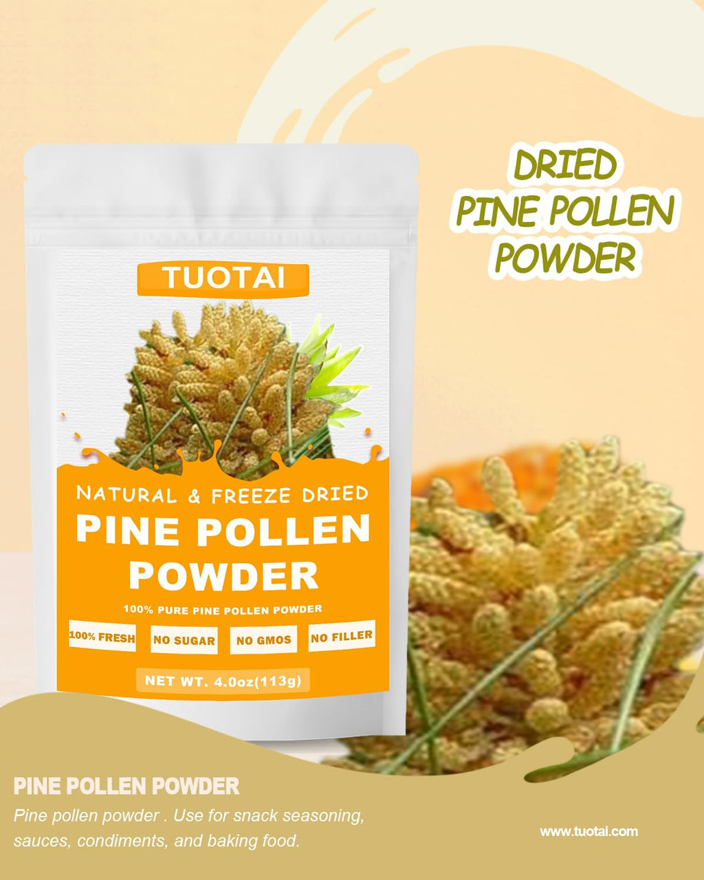 TUOTAI Premium Pine Pollen Powder – 100% Natural, No GMO, No Additives, Vegan